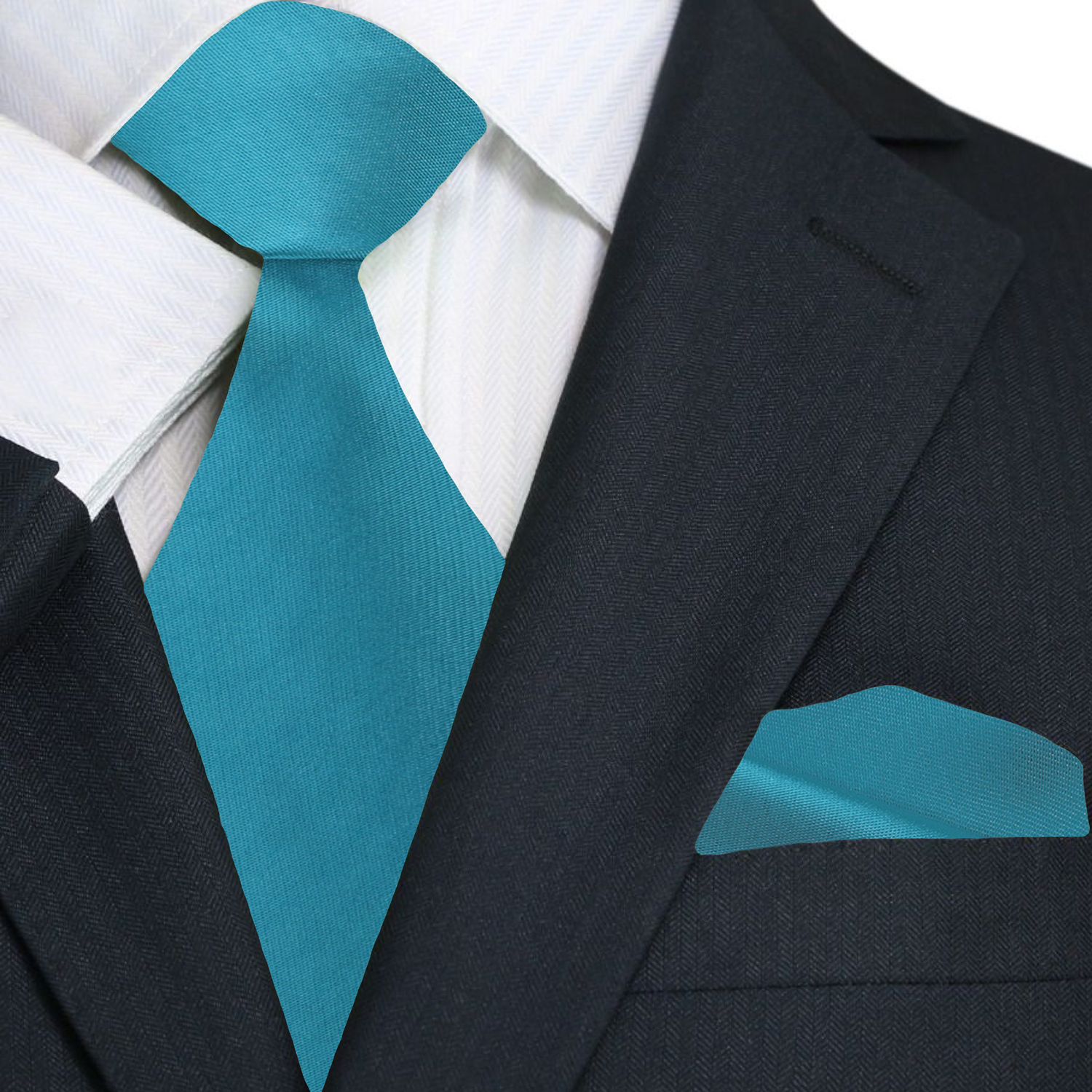 Main View: Solid Glossy Dark Cyan Silk Necktie and Pocket Square