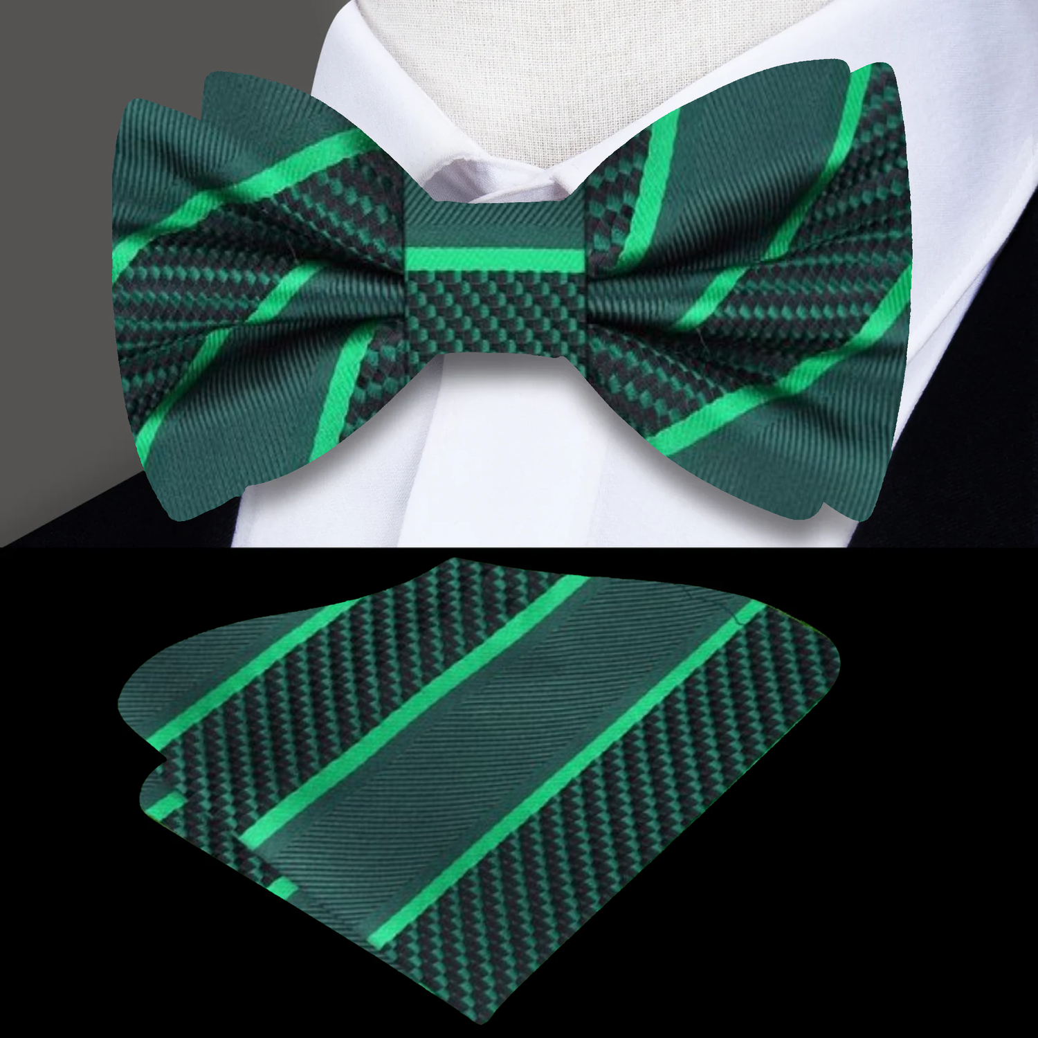Main View: Deep Green, Green Stripe Bow Tie and Pocket Square||Deep Green