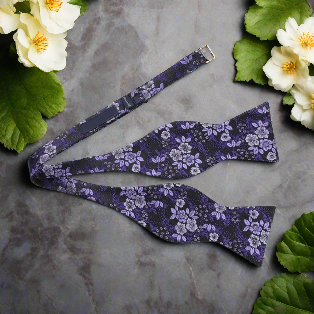 Dark Purple Floral Self Tie Bow Tie