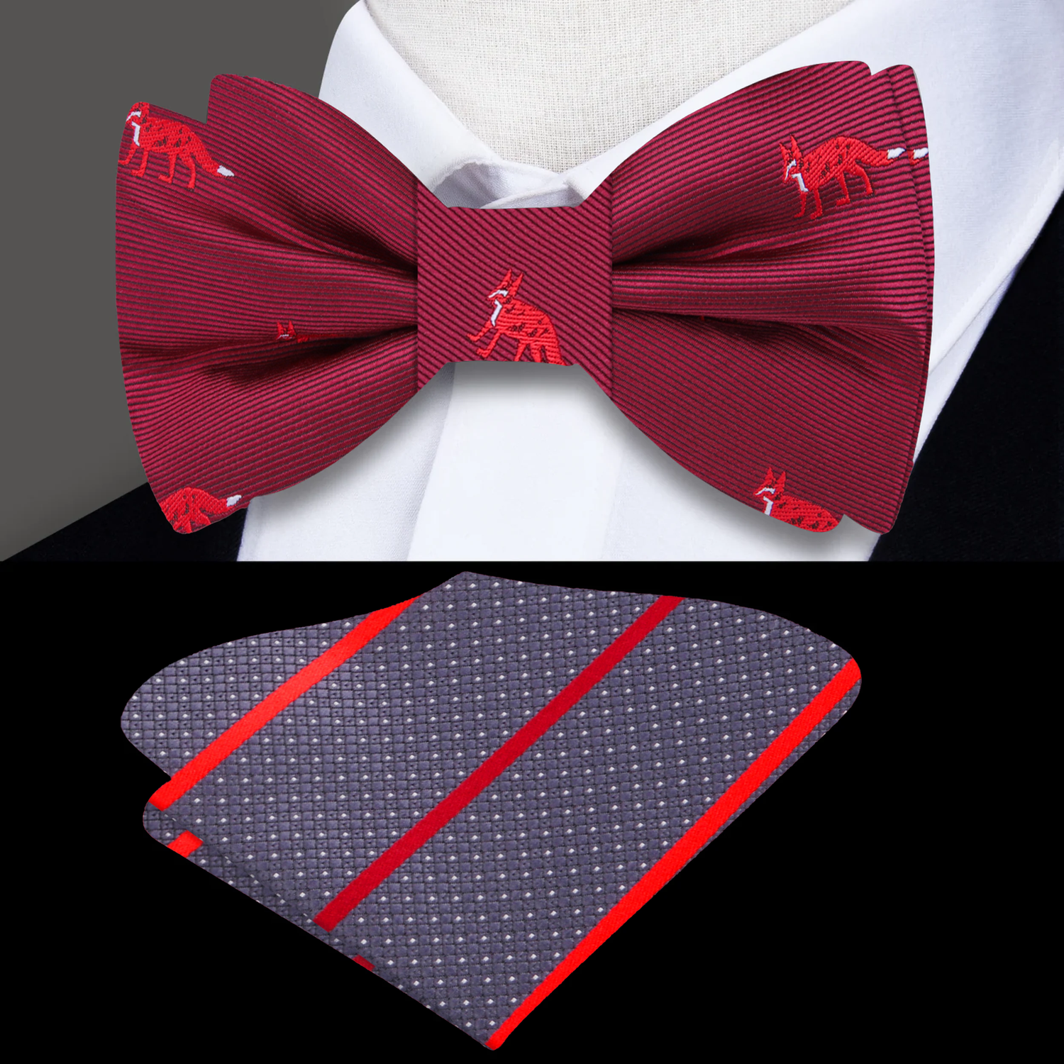 Dark Red Red Fox Bow Tie and Accenting Grey Red Stripe Square