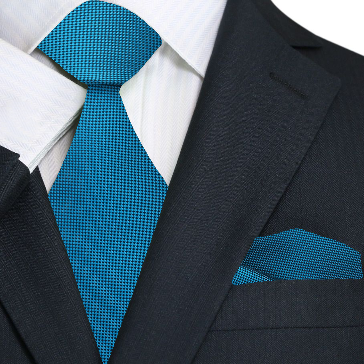 Solid Teal Check Tie and Pocket Square