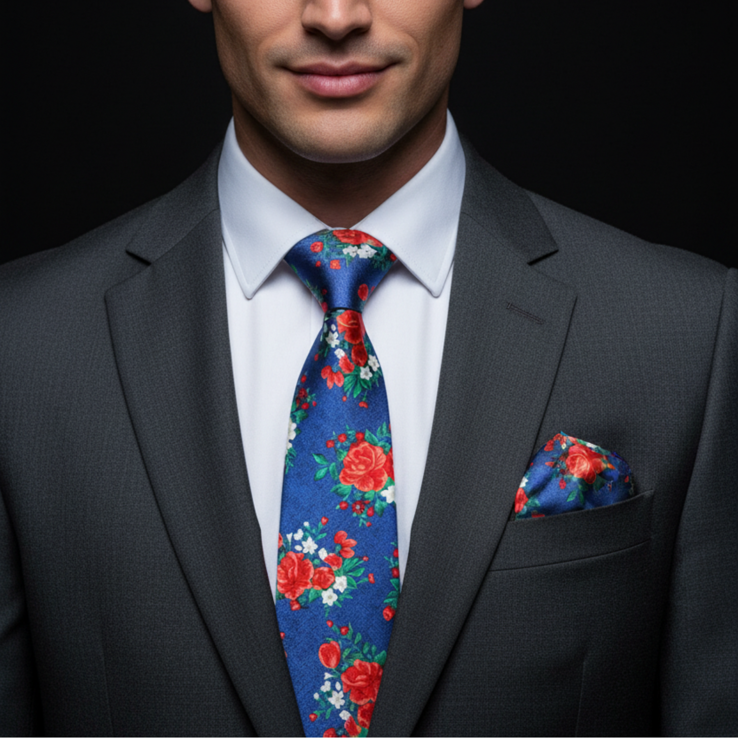 Man wearing a gray suit with a colorful floral tie and pocket square on a black background