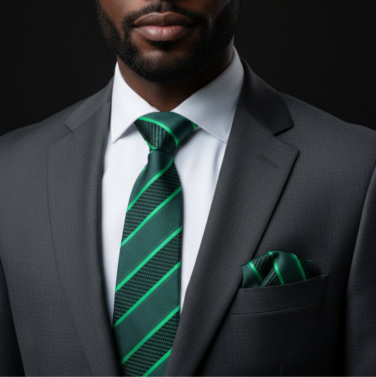 Man wearing a gray suit with a green striped tie and matching pocket square on a black background