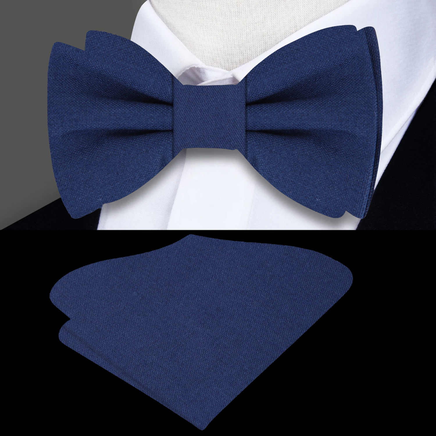 Deep Blue Fresh Linen Bow Tie and Pocket Square||Deep Blue
