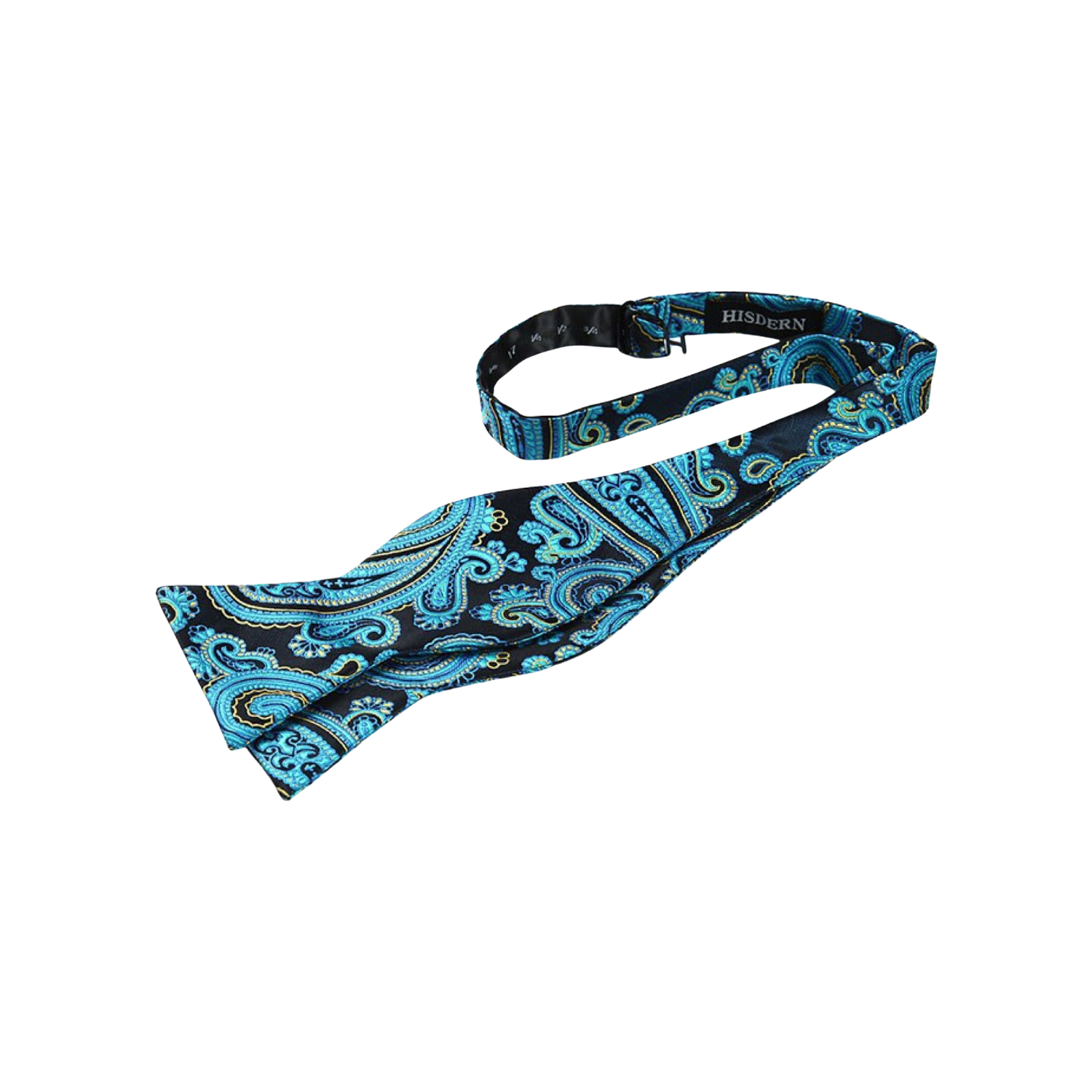 Self Tie: A Dark Blue, Aqua, Yellow Paisley Pattern Silk Self Tie Bow Tie 
