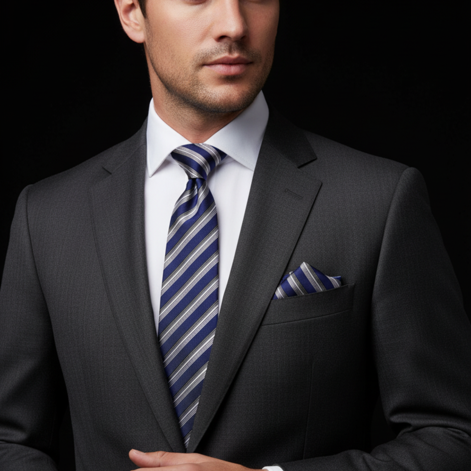 Blue with Grey Stripe Tie and Square on Man