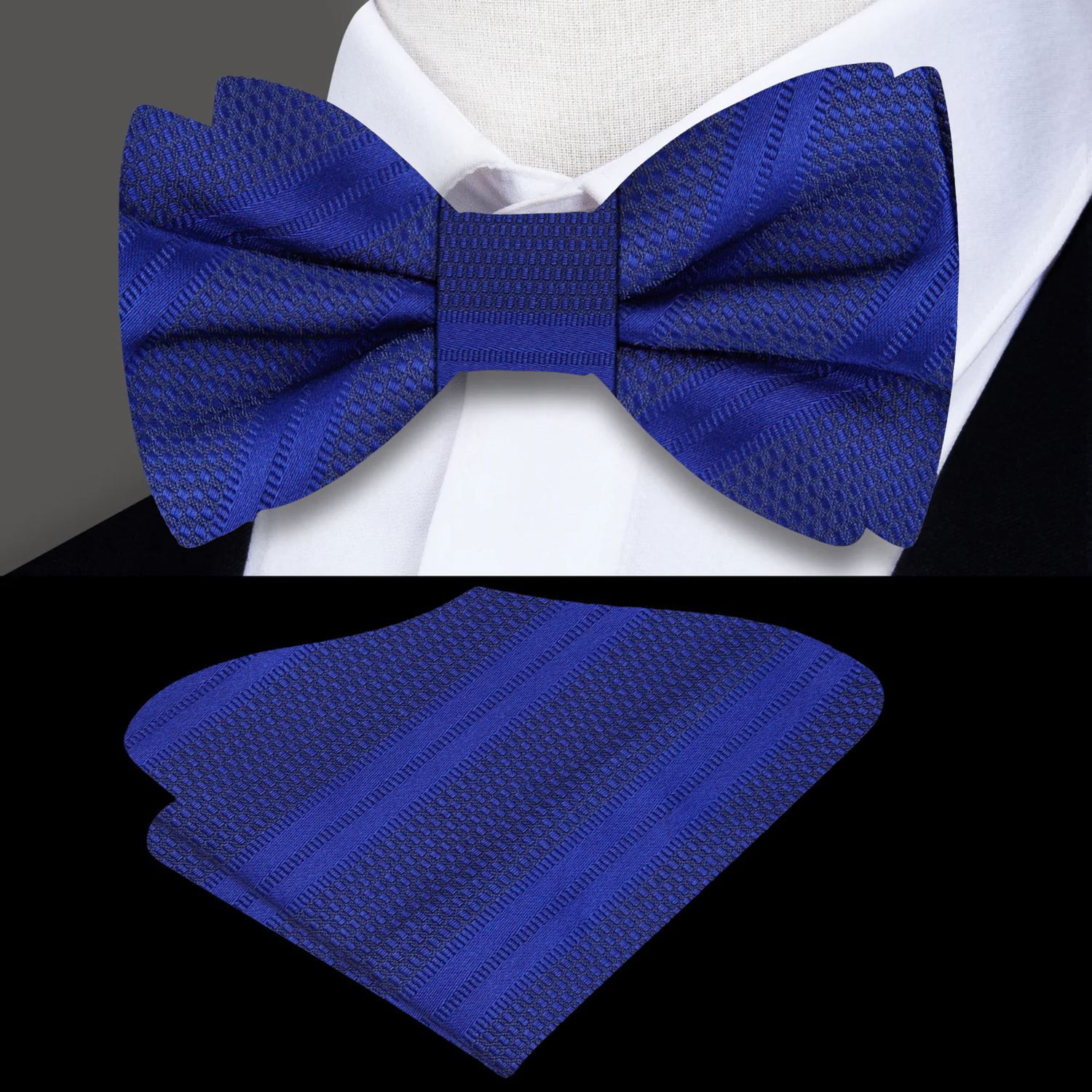 Deep Blue Stripe Bow Tie and Pocket Square