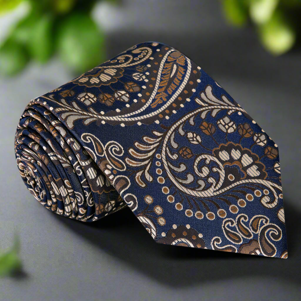 Folded paisley tie with blue, brown, and beige pattern
