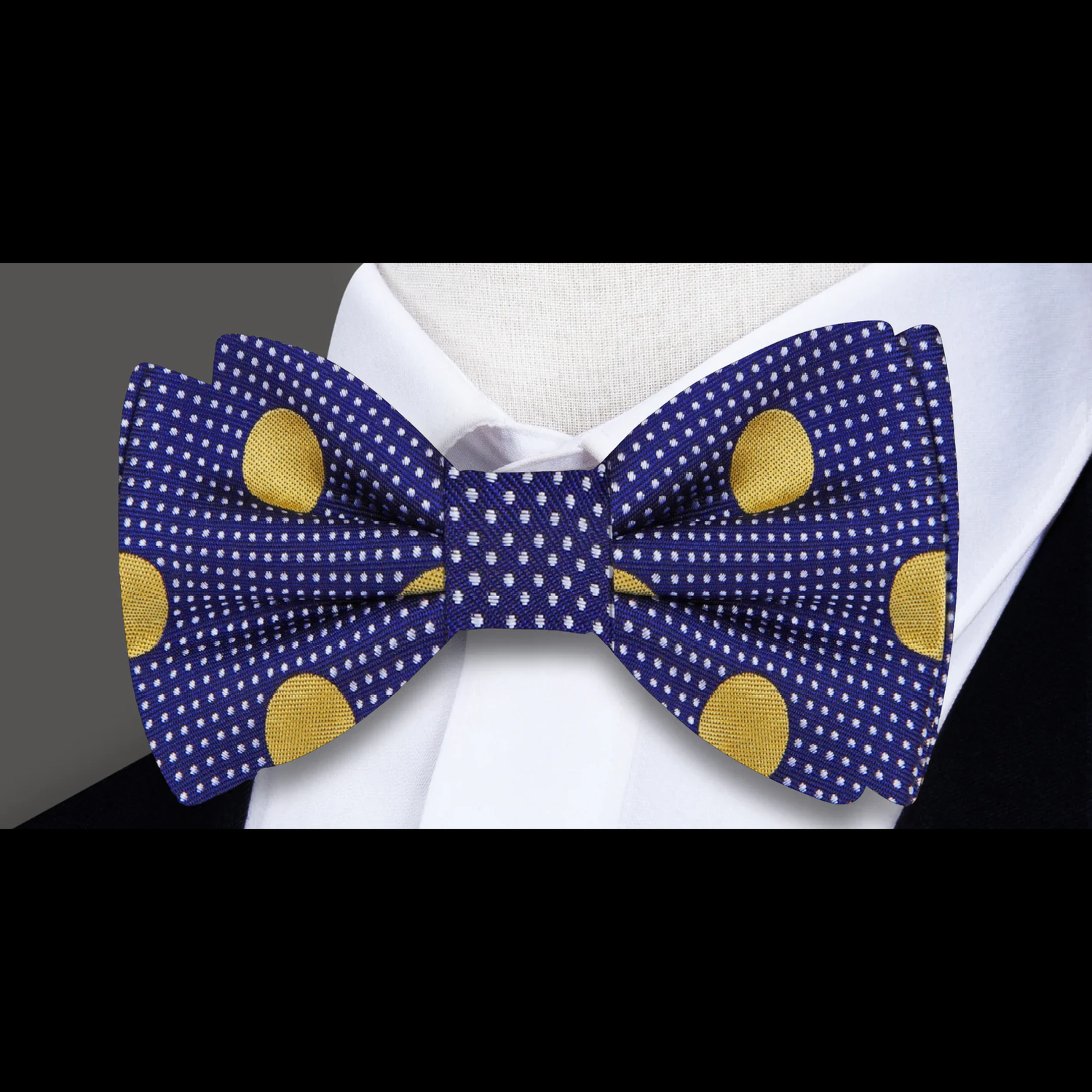 Single Dark Blue, Gold Dots Bow Tie 