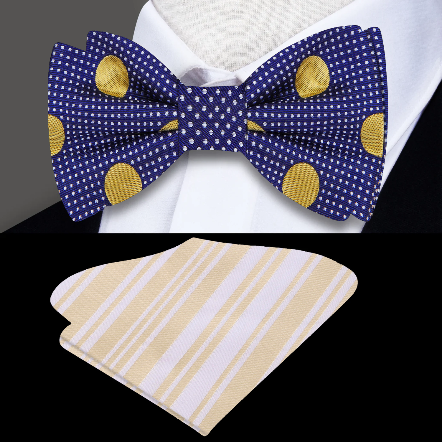 Dark Blue, Gold and White Polka Bow Tie and Accenting Pocket Square