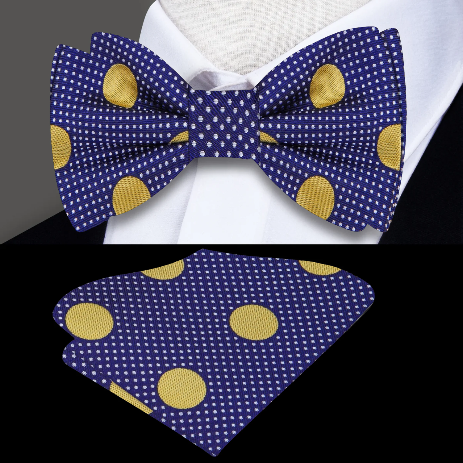 Dark Blue, Gold and White Polka Bow Tie and Pocket Square