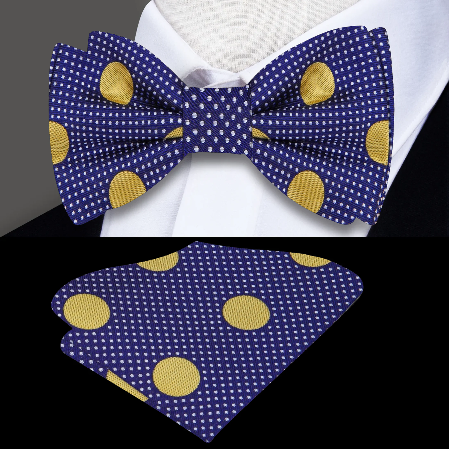 Dark Blue, Gold Dots Bow Tie and Pocket Square