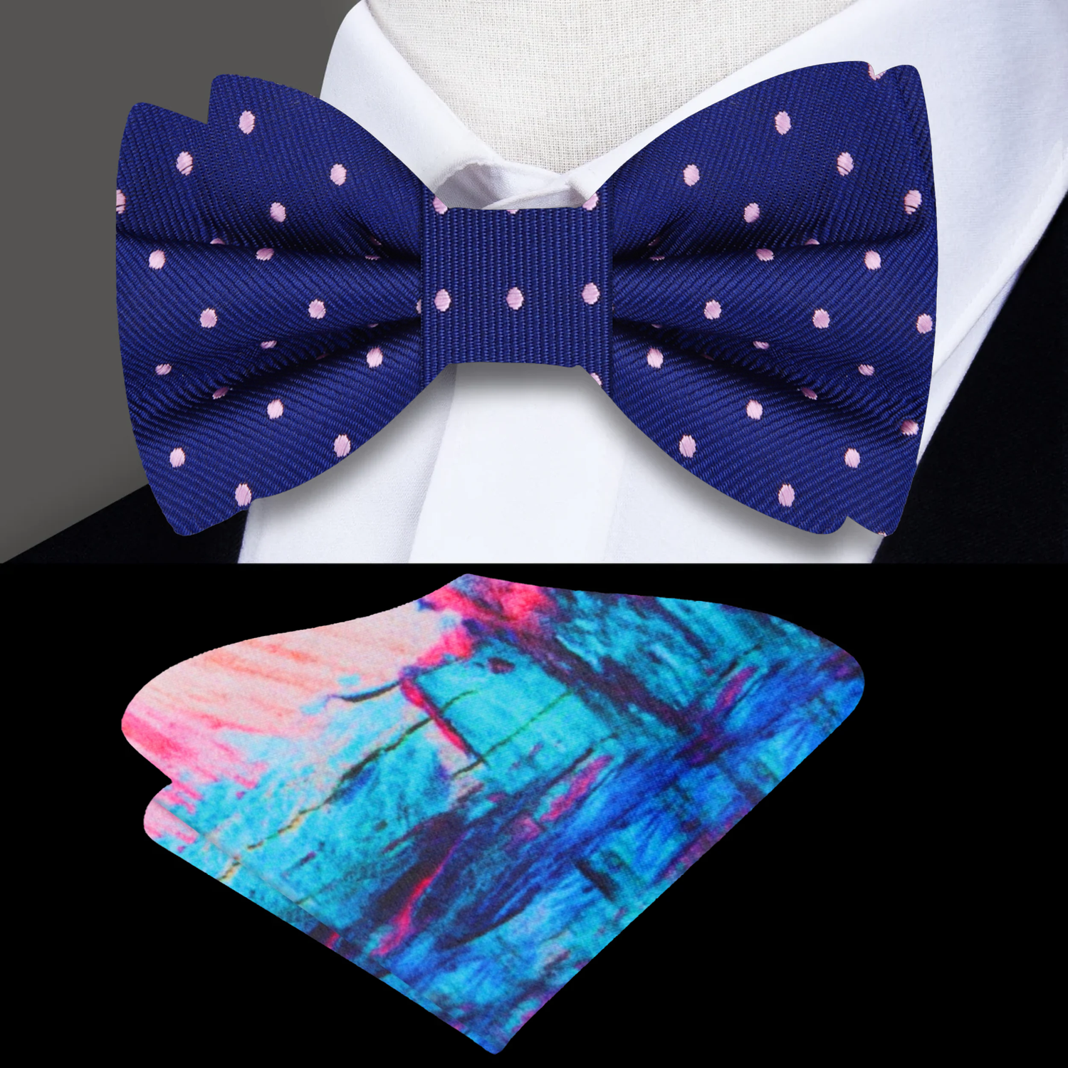 Deep Blue and Pink Civilized Polka Bow Tie and Accenting Square