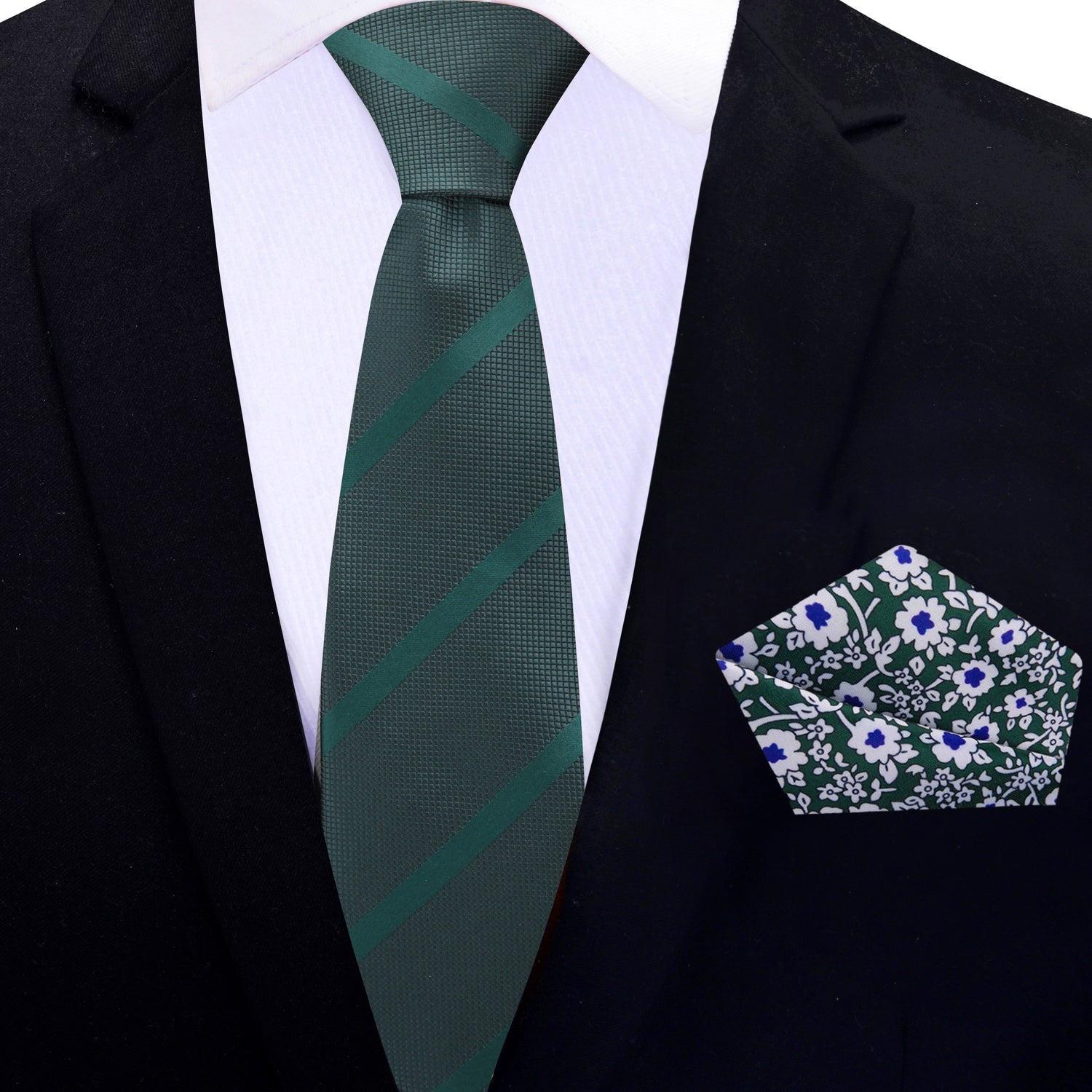 Green Stripe Thin Tie and Green, Blue and White Floral Square