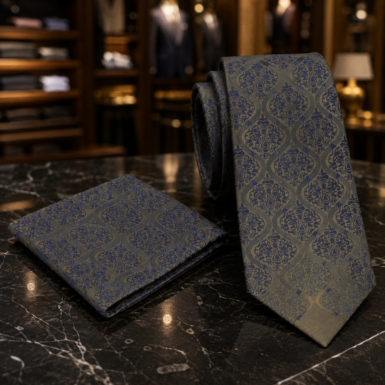 Deep Olive Green, Deep Blue Abstract Tie and Pocket Square