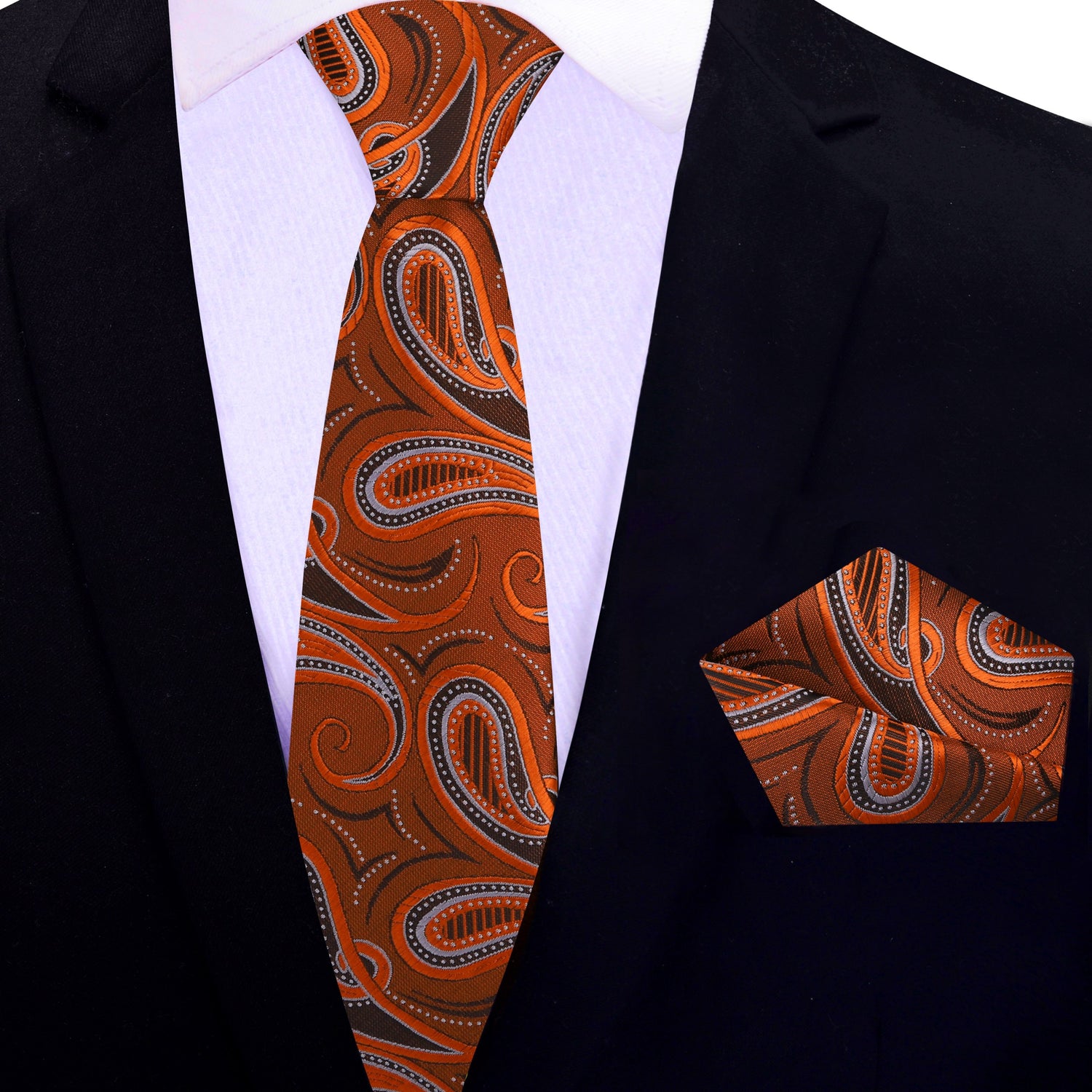 Thin Tie: Orange and Brown Paisley Necktie and Matching Square