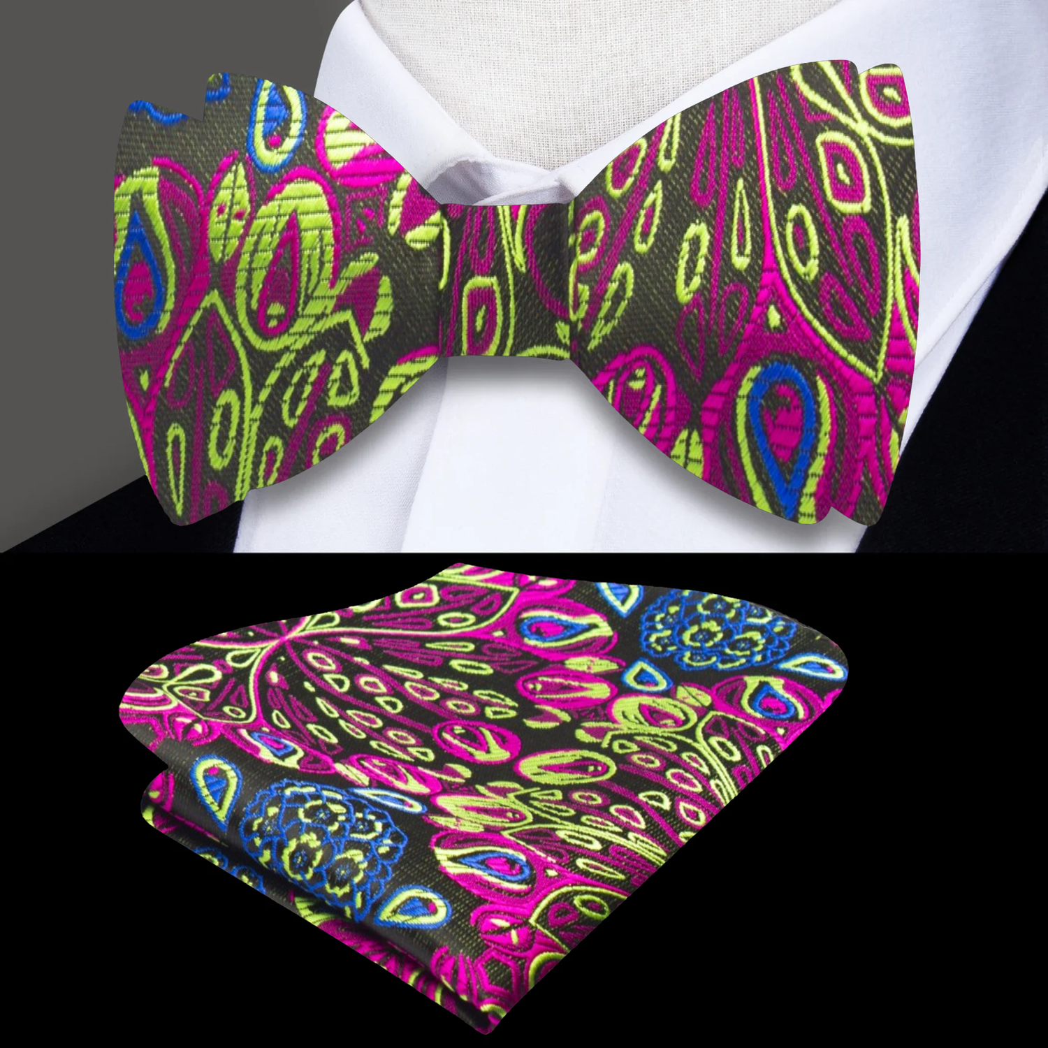 A Dark Neon Blue, Yellow, Pink Abstract Peacock Feather Pattern Silk Self Tie Bow Tie, Matching Pocket Square