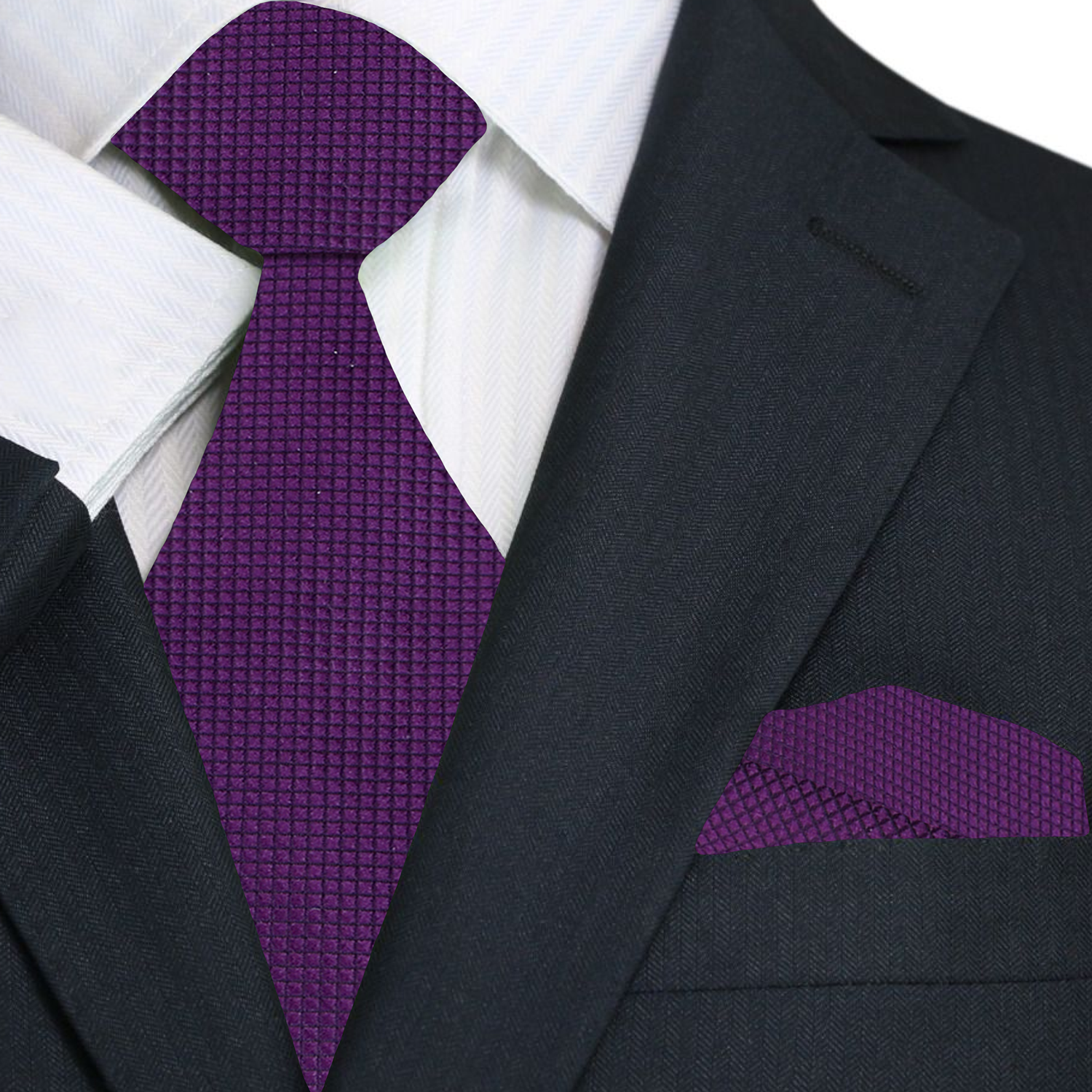 A Solid Deep Purple With Check Texture Pattern Necktie, Matching Pocket Square ||Purple