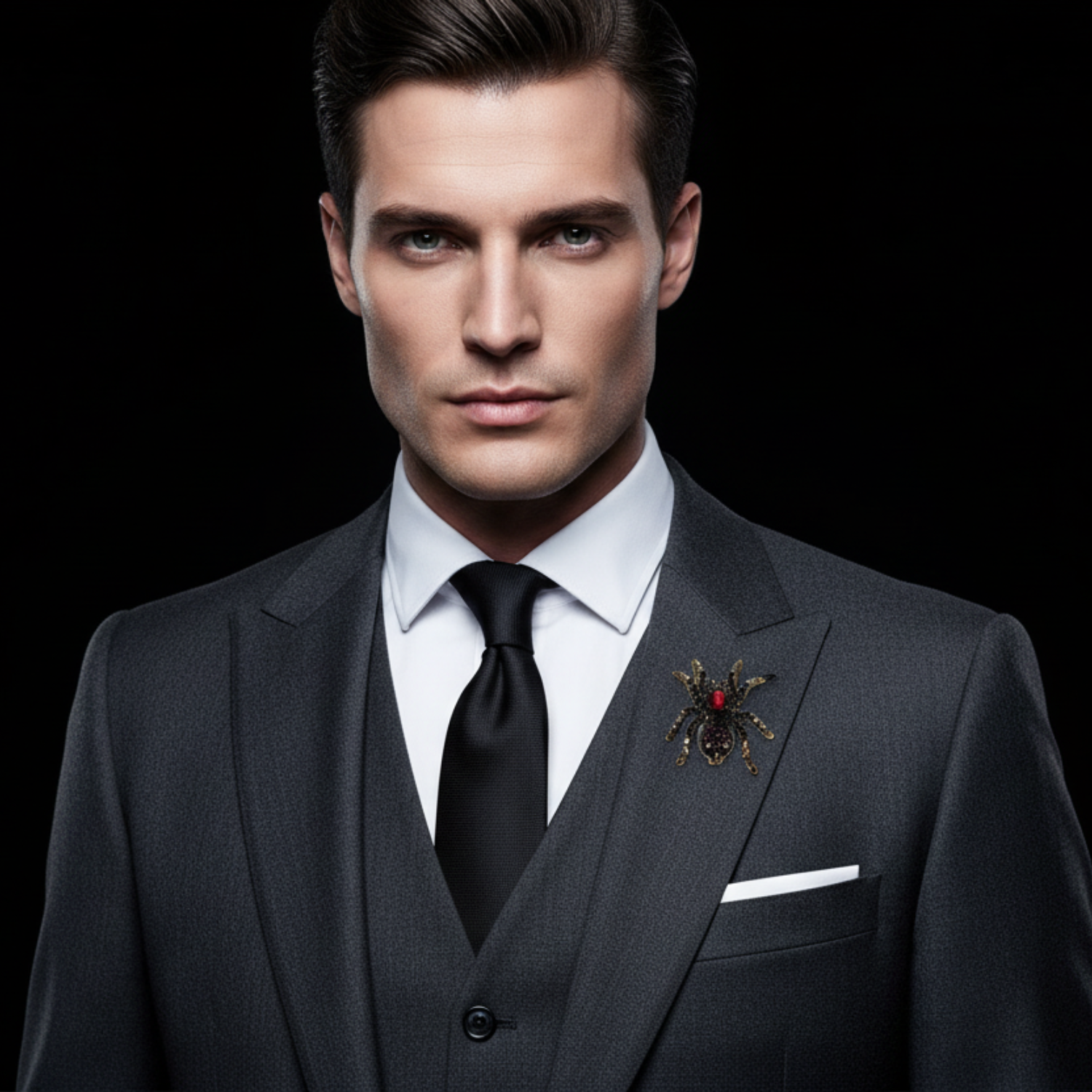 Man wearing a dark suit with a spider brooch on a black background
