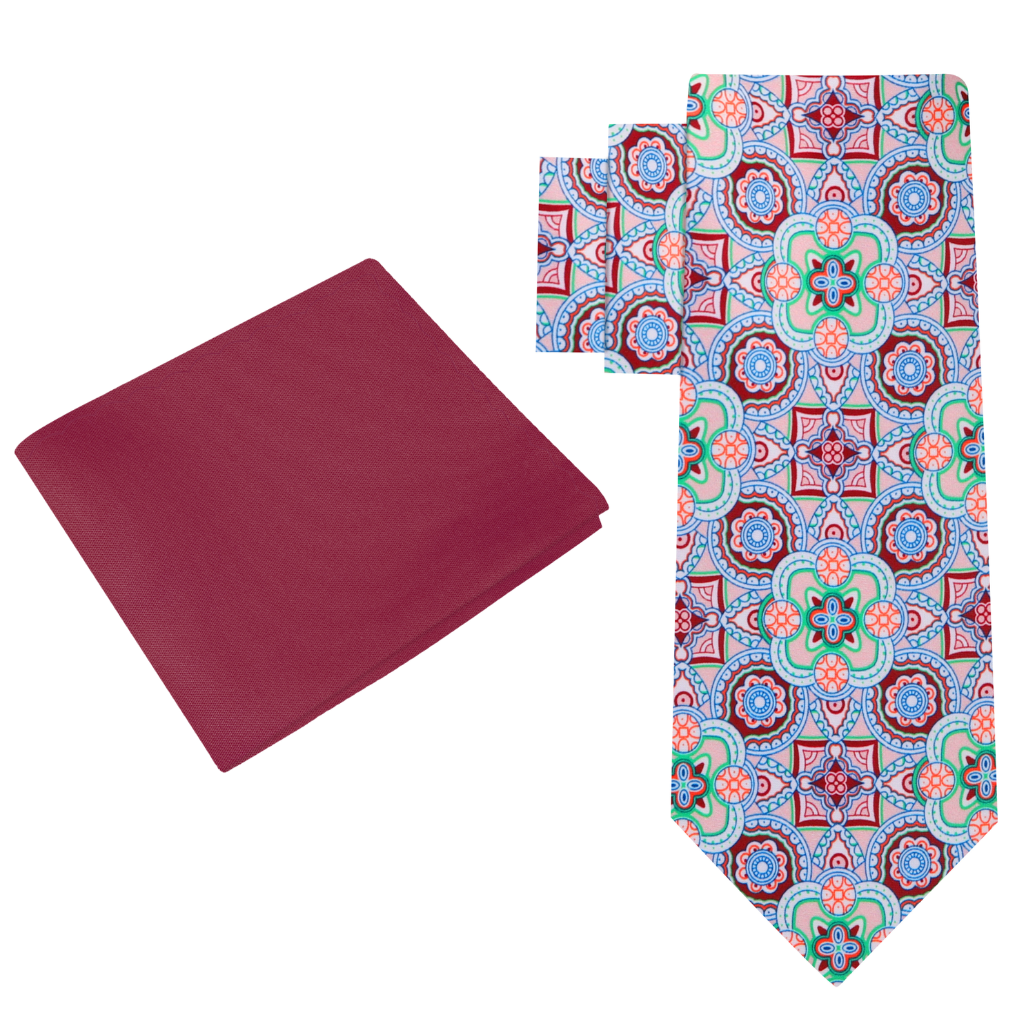 Alt View Deep Red Green Mosaic Necktie and Red Square