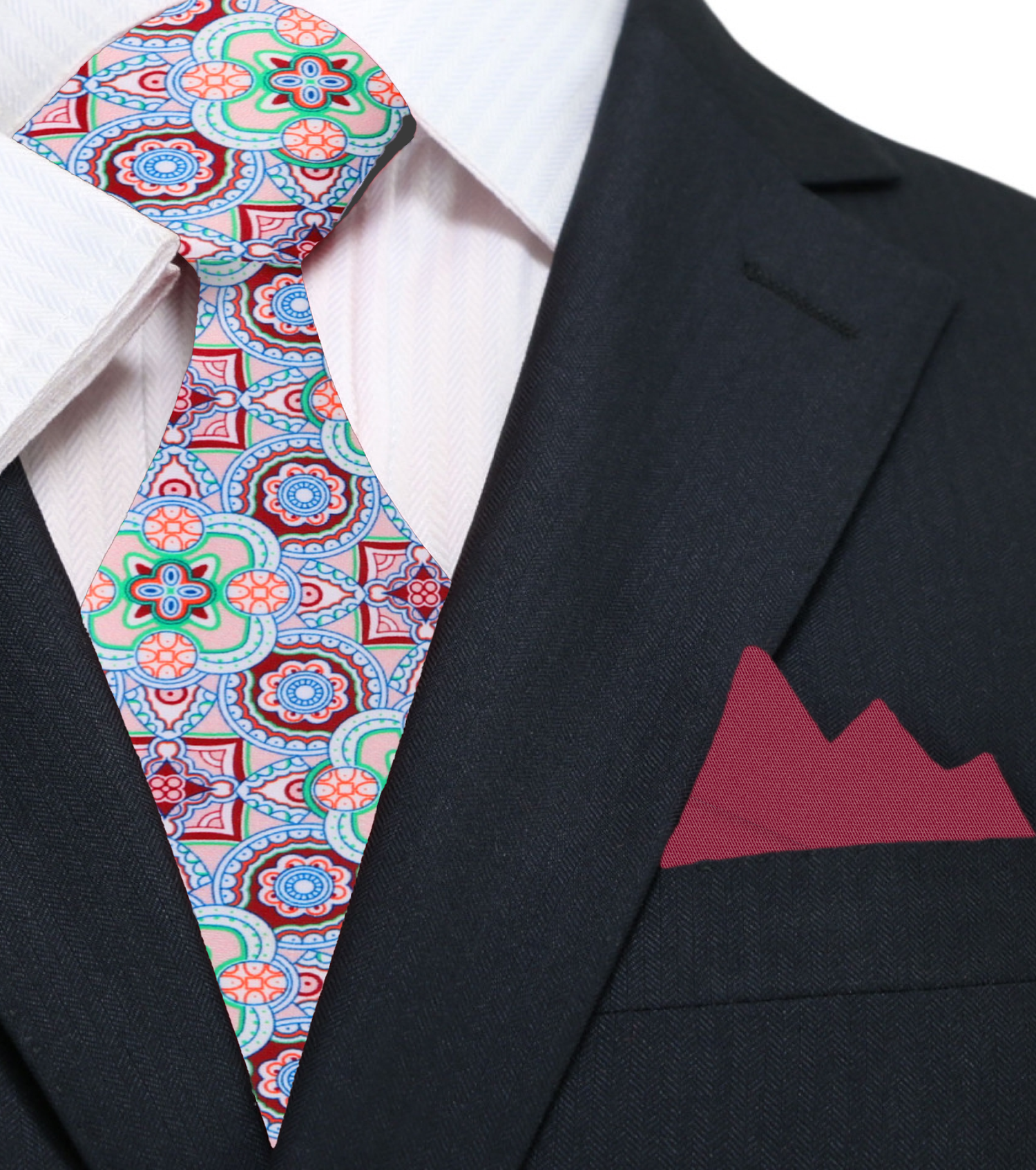 Deep Red Green Mosaic Necktie and Red Square