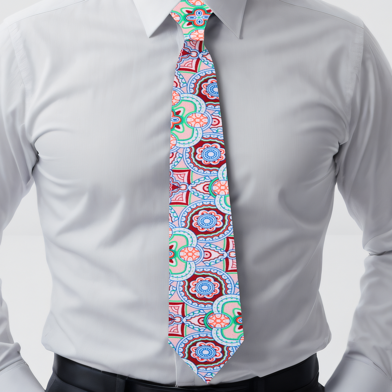 Deep Red Green Mosaic Necktie on Man