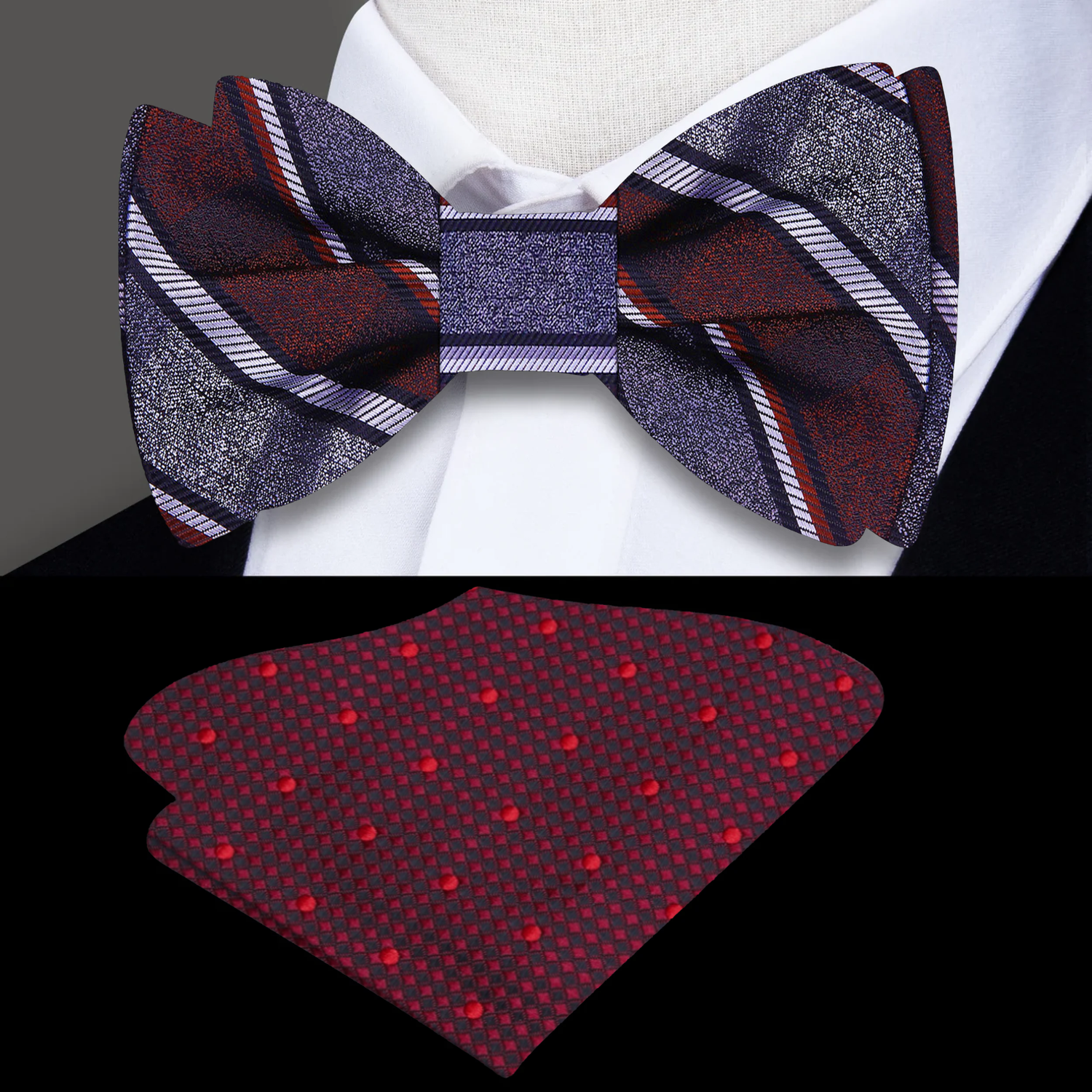 Red and Grey Stripe Plaid bow tie and red polka dot pocket square on a mannequin.