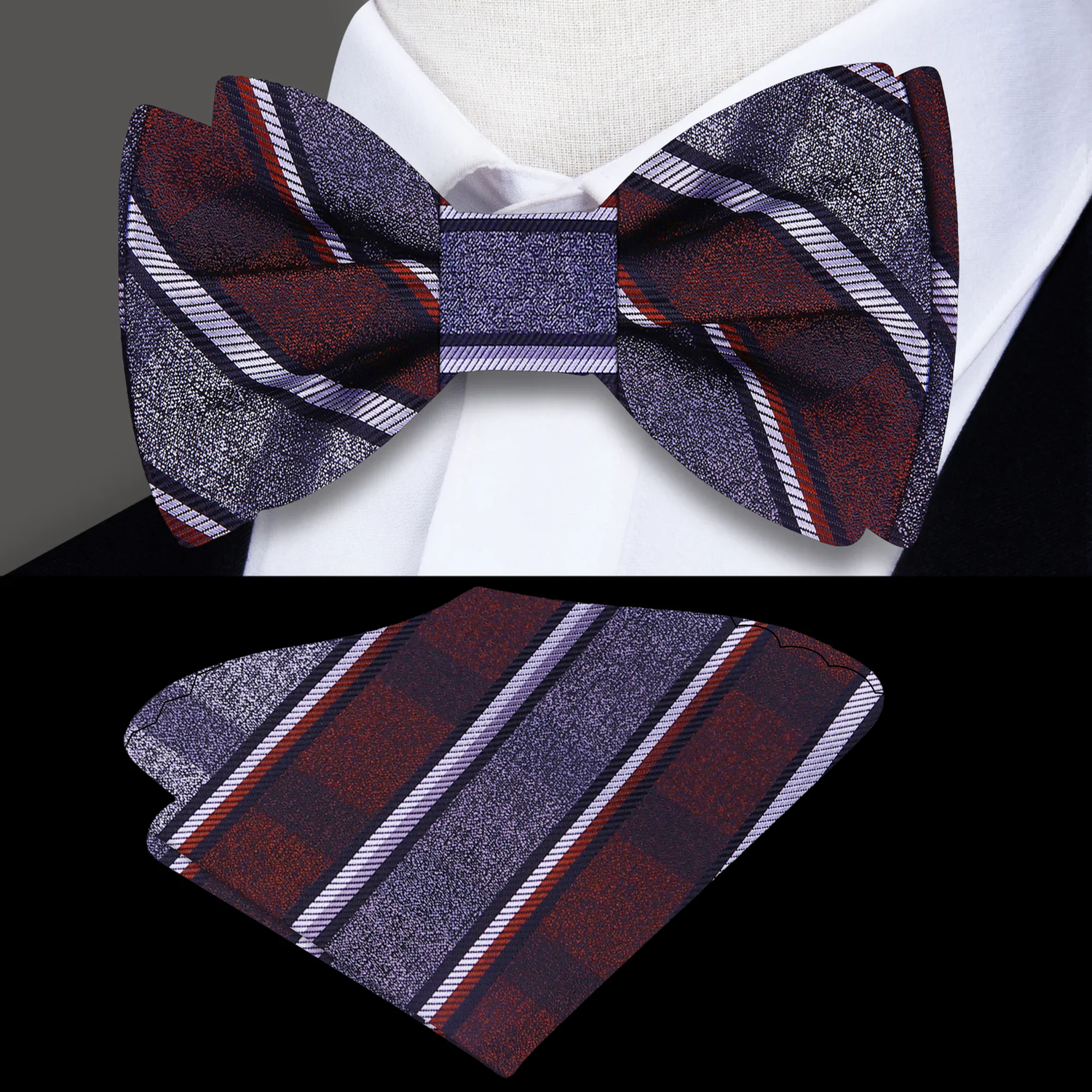 Plaid bow tie and pocket square set on a mannequin with a white shirt.