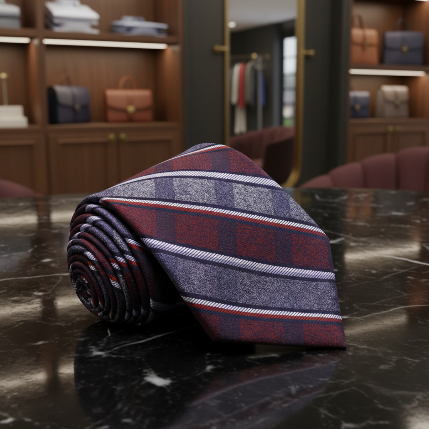 A rolled necktie featuring a textured plaid pattern with dark red, navy blue, and gray blocks, separated by thin white diagonal-striped lines, set against a plain white background. 
