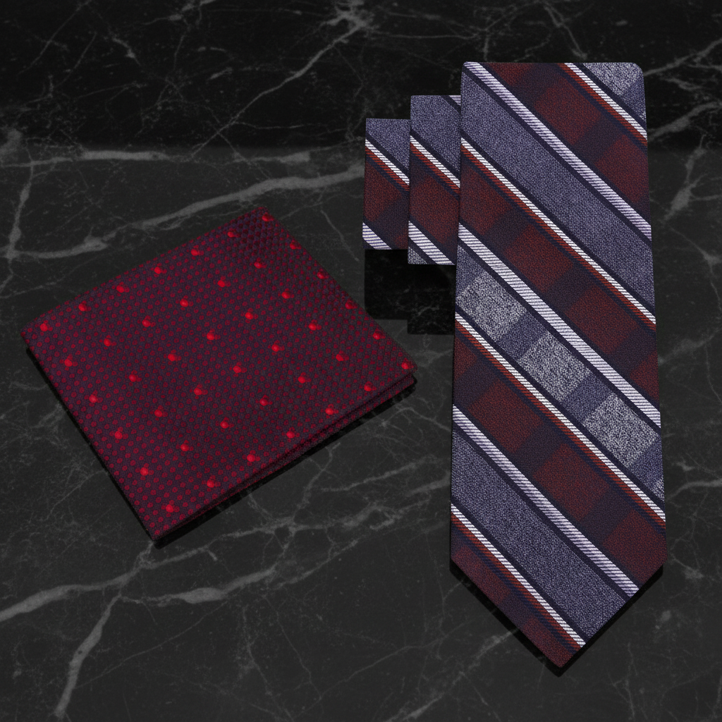 Alt deep red and grey striped tie and Accenting red dot pocket square