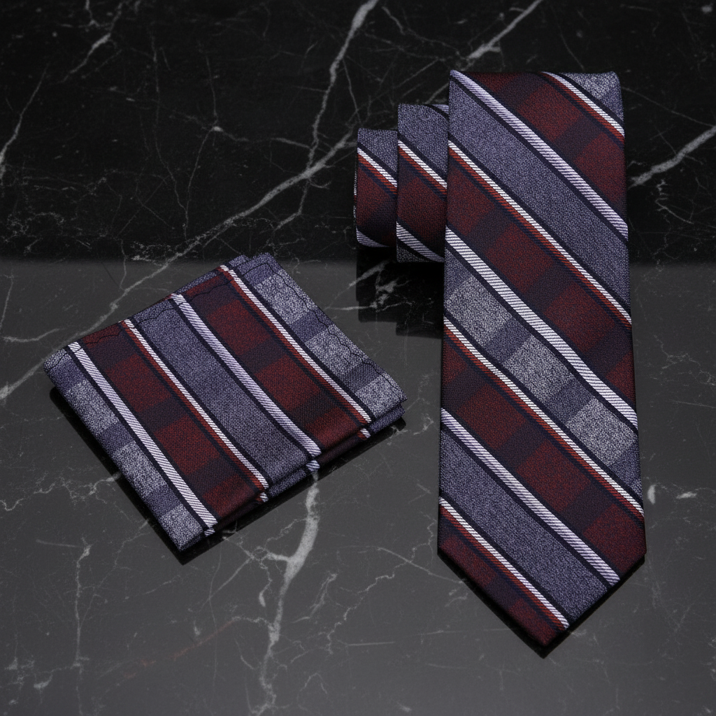 alt deep red and grey striped tie and pocket square