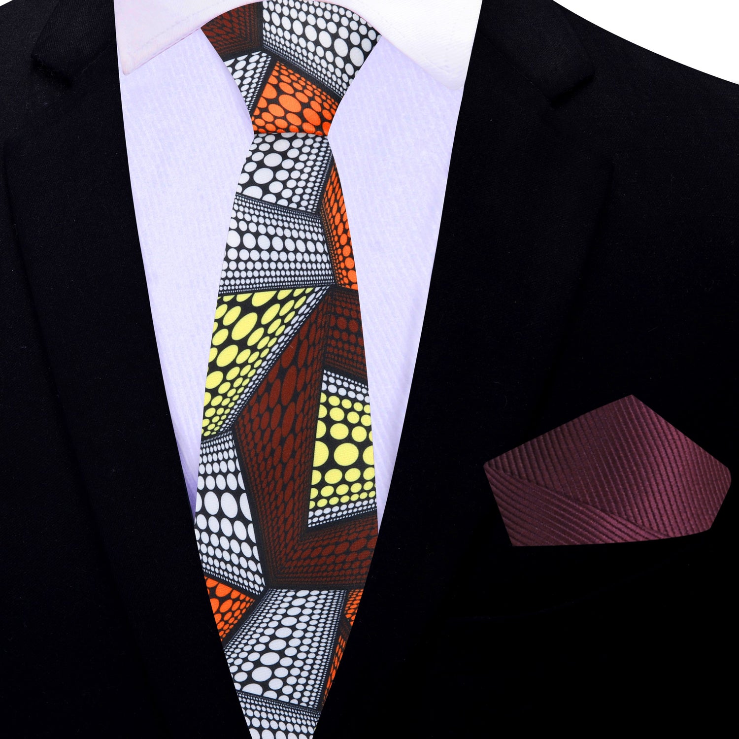 Thin Tie: Deep Red Orange White and Yellow Abstract Necktie and Deep Red Square