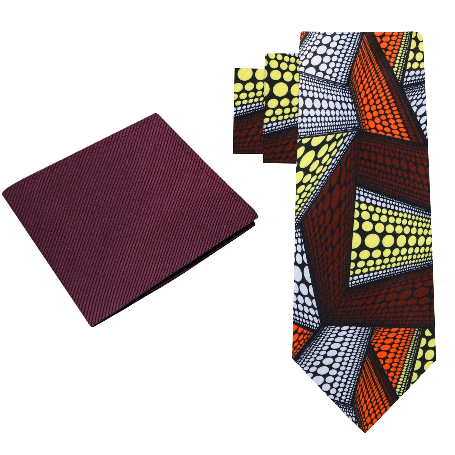 Alt View: Deep Red Orange White and Yellow Abstract Necktie and Deep Red Square