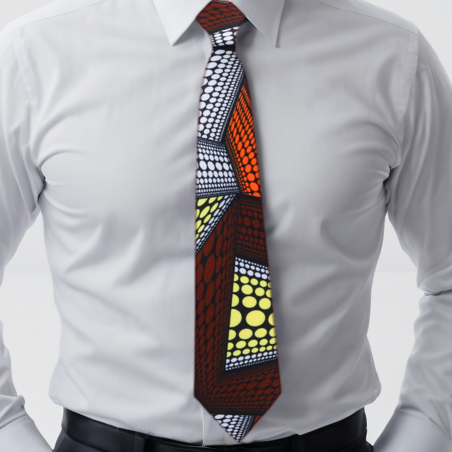 Deep Red Orange White and Yellow Abstract Necktie on Man on white Shirt