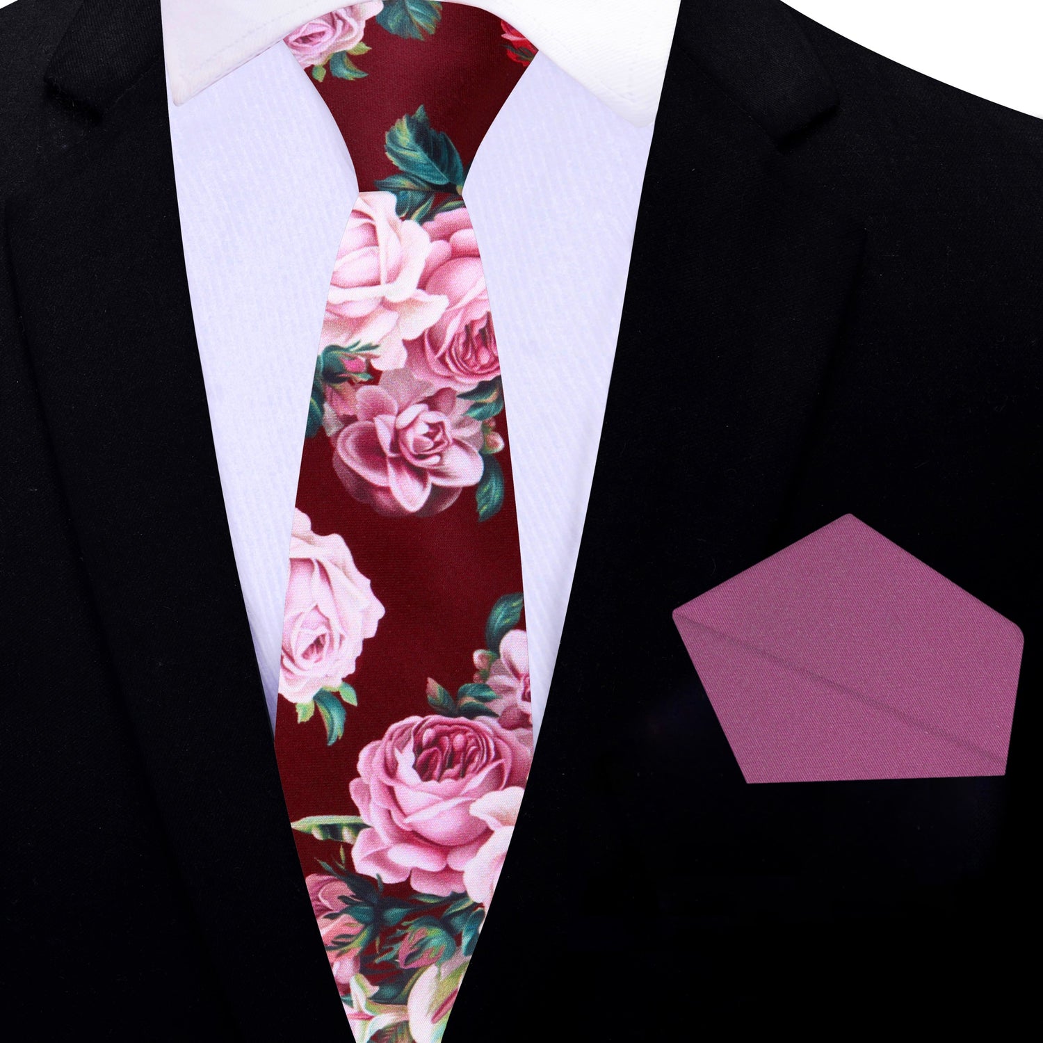 Thin Tie: Deep Red Wine Vase of Flowers Tie and Accenting PocketSquare12