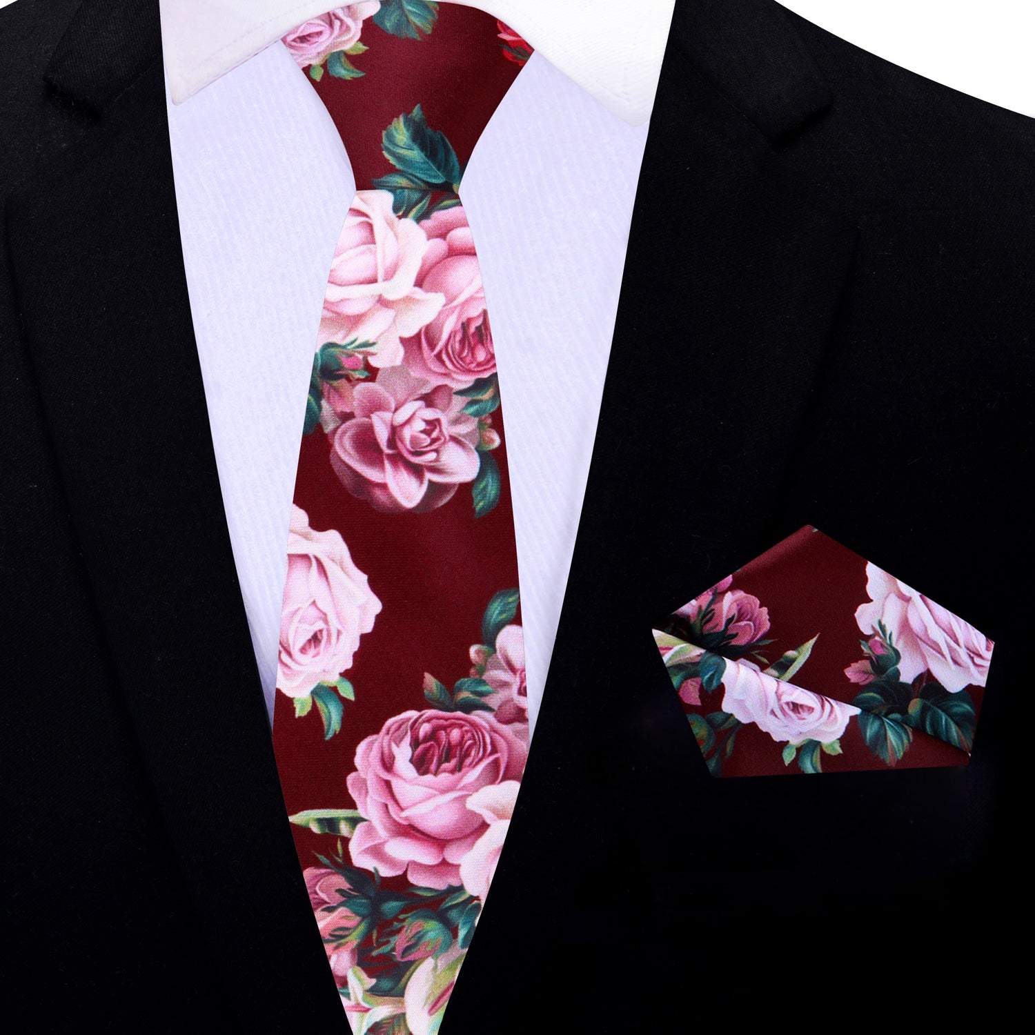 Thin Tie: Deep Red Wine Vase of Flowers Tie and Matching Pocket Square