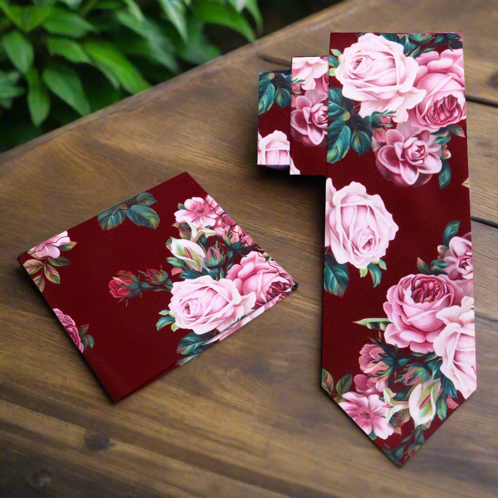 Alt View: Deep Red Wine Vase of Flowers Tie and Matching Pocket Square