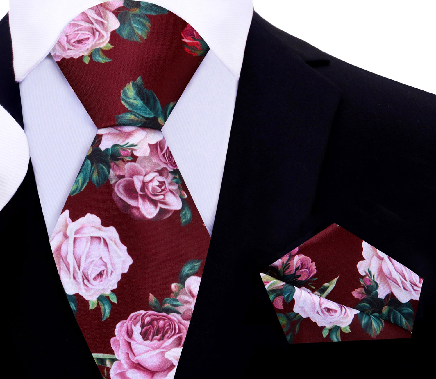 Deep Red Wine Vase of Flowers Tie and Matching Pocket Square