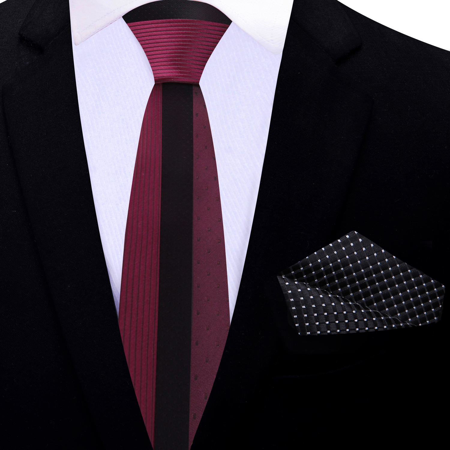 Thin Tie: Burgundy and Black Lined Necktie and Black Square