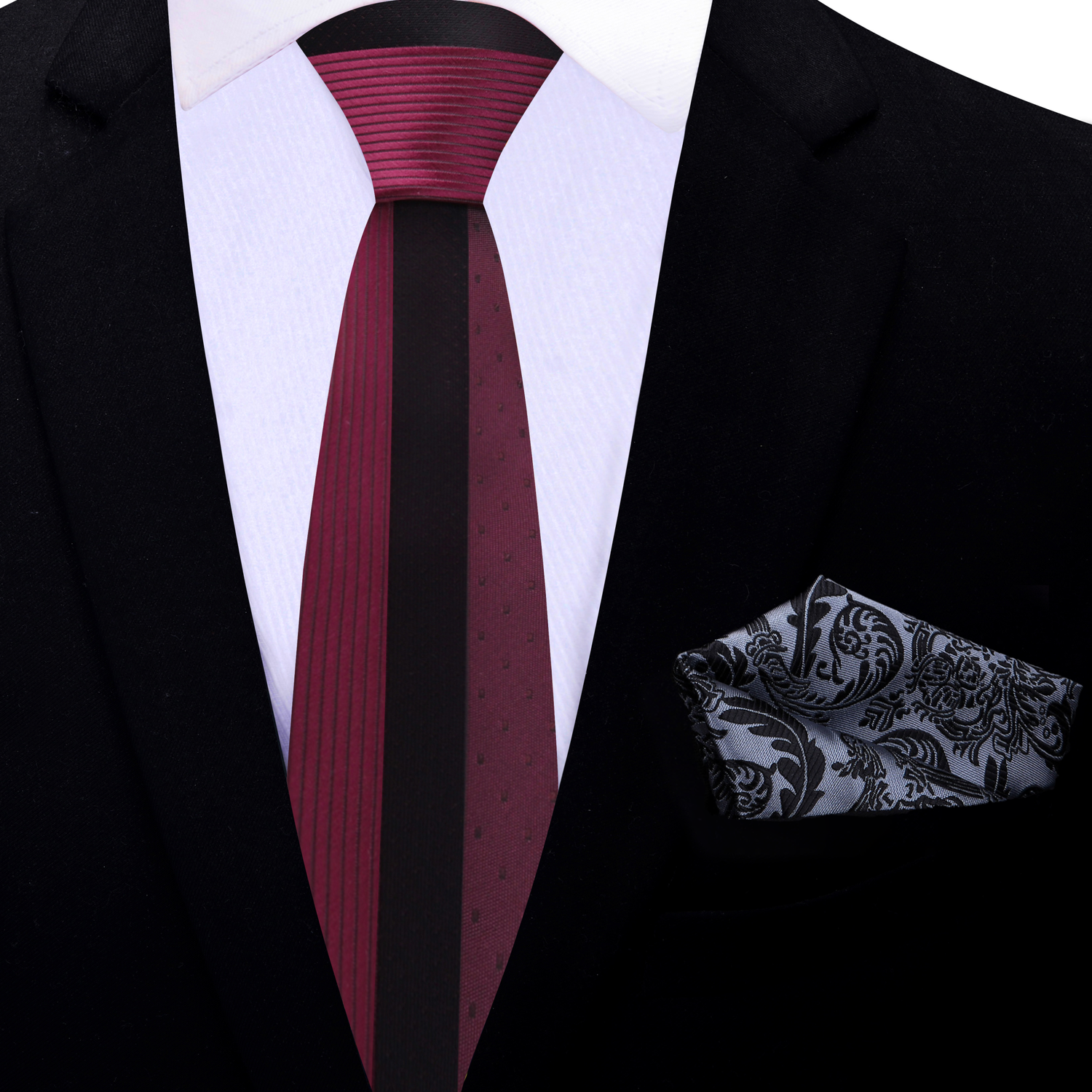 Thin Tie: Burgundy and Black Lined Necktie and Grey, Black Floral Square