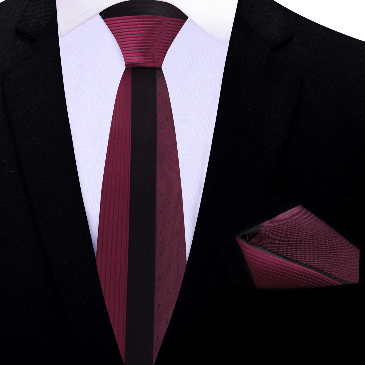Thin Tie: Burgundy and Black Lined Necktie and Square