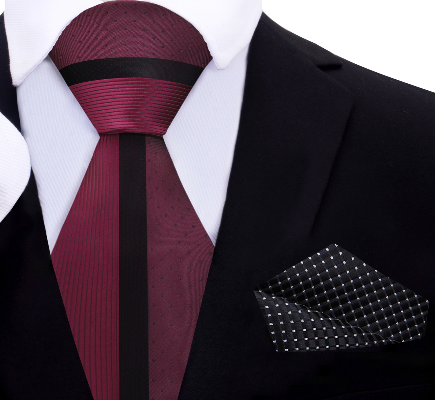 Burgundy and Black Lined Necktie and Black Square
