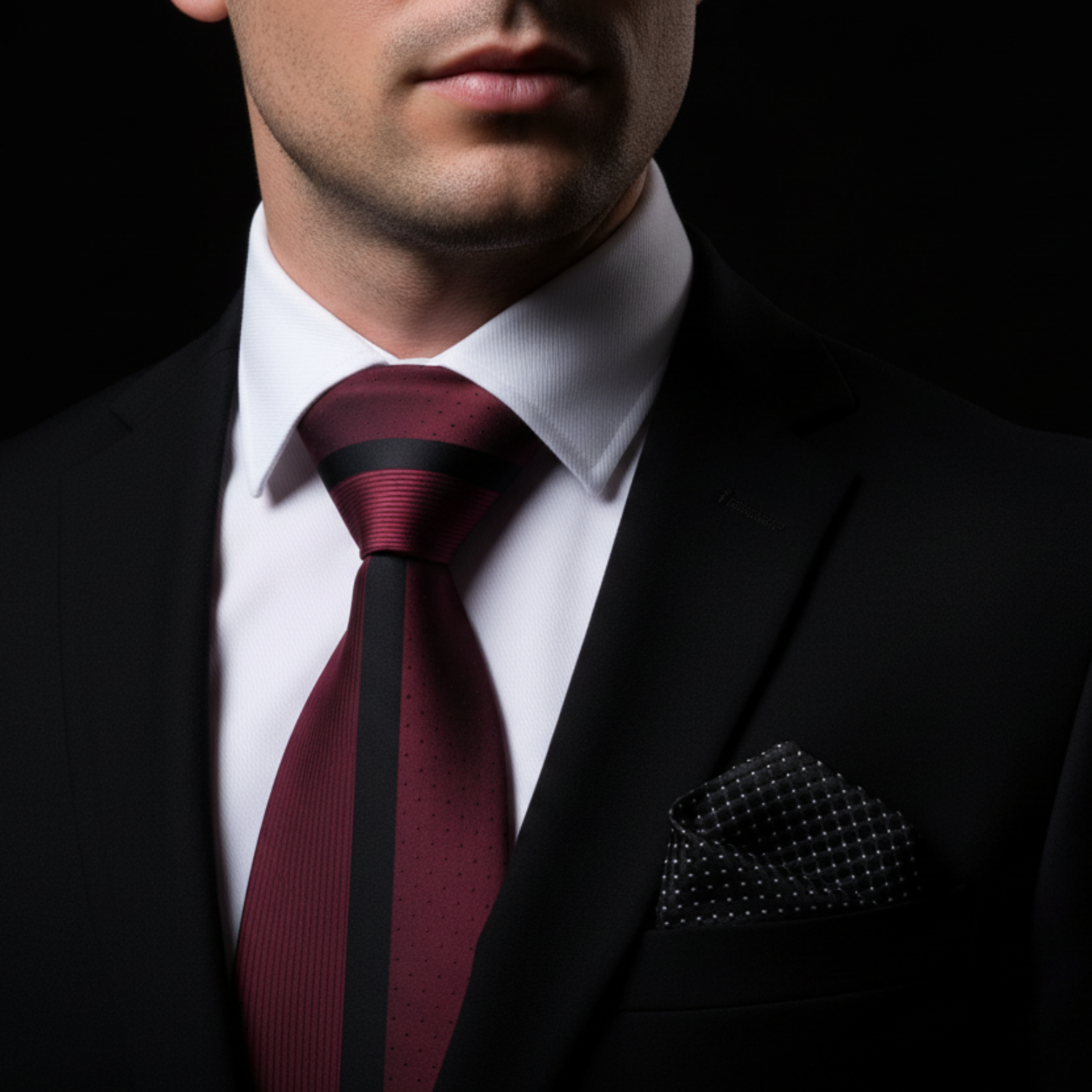 Man wearing red and black stripe tie and accenting square