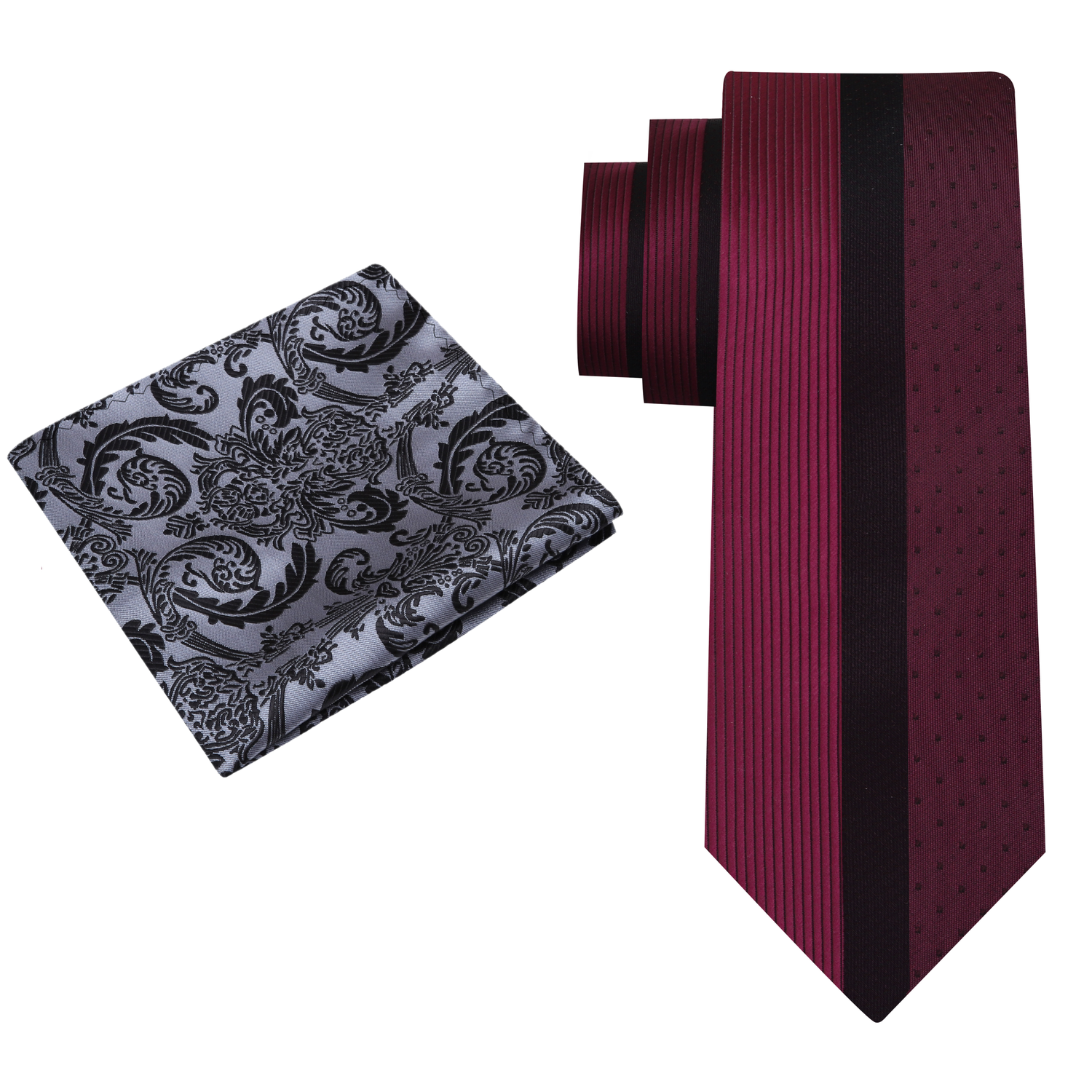 Alt View: Burgundy and Black Lined Necktie and Grey, Black Floral Square