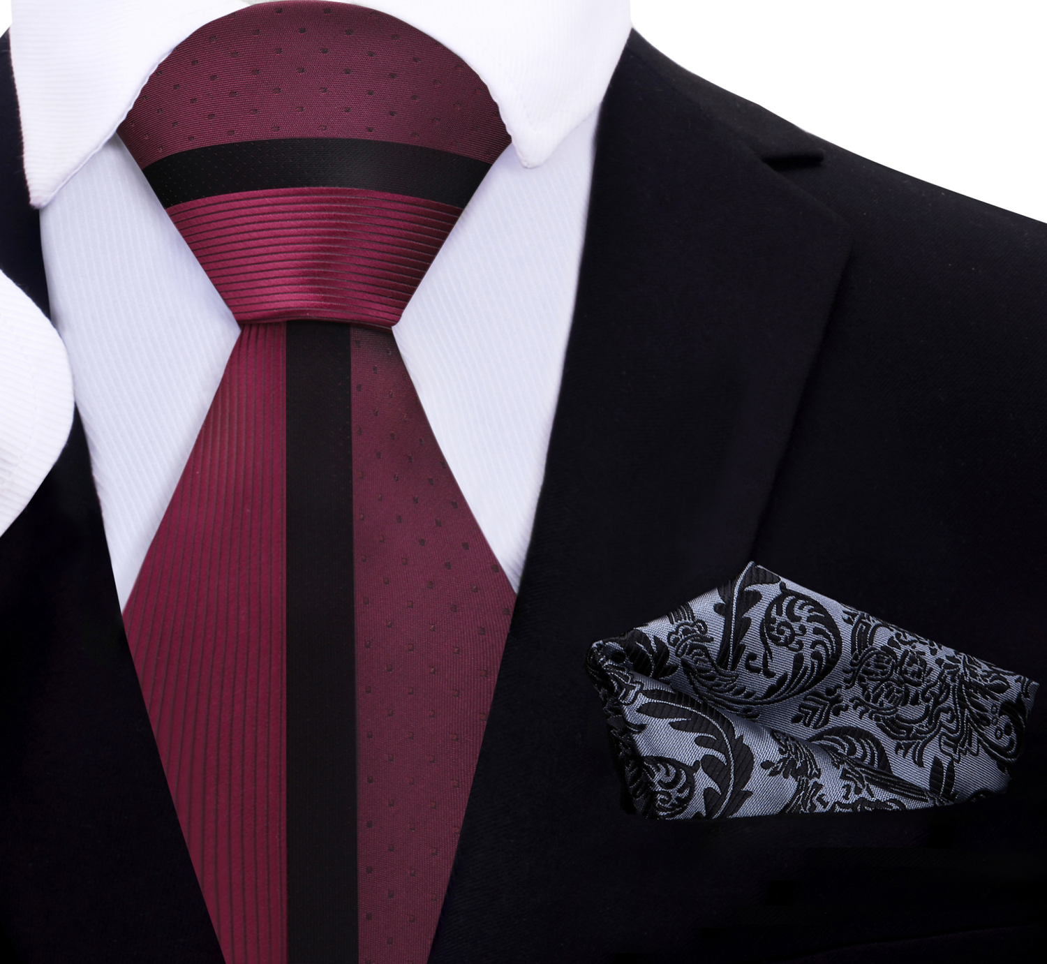 Burgundy and Black Lined Necktie and Grey, Black Floral Square