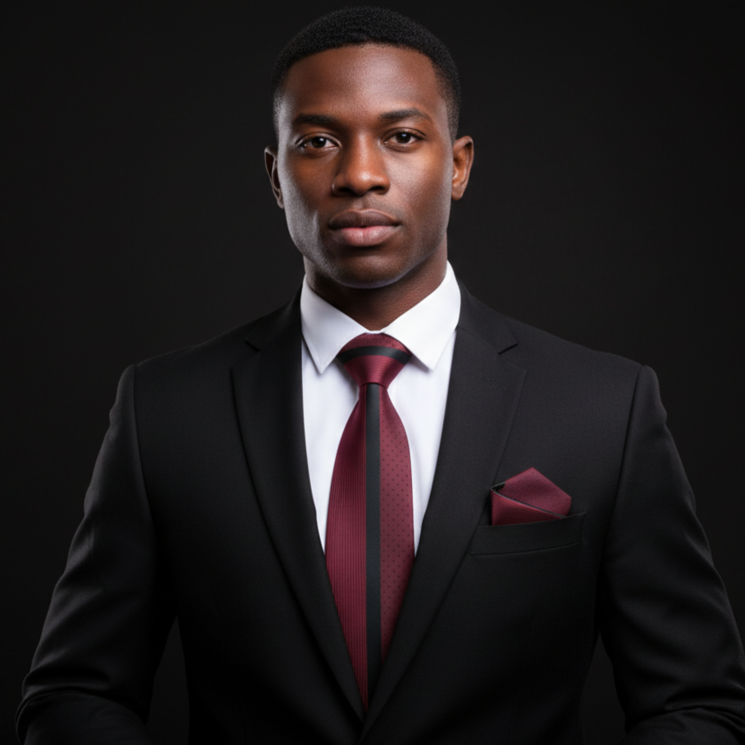 Man wearing matching red black stripe tie and square