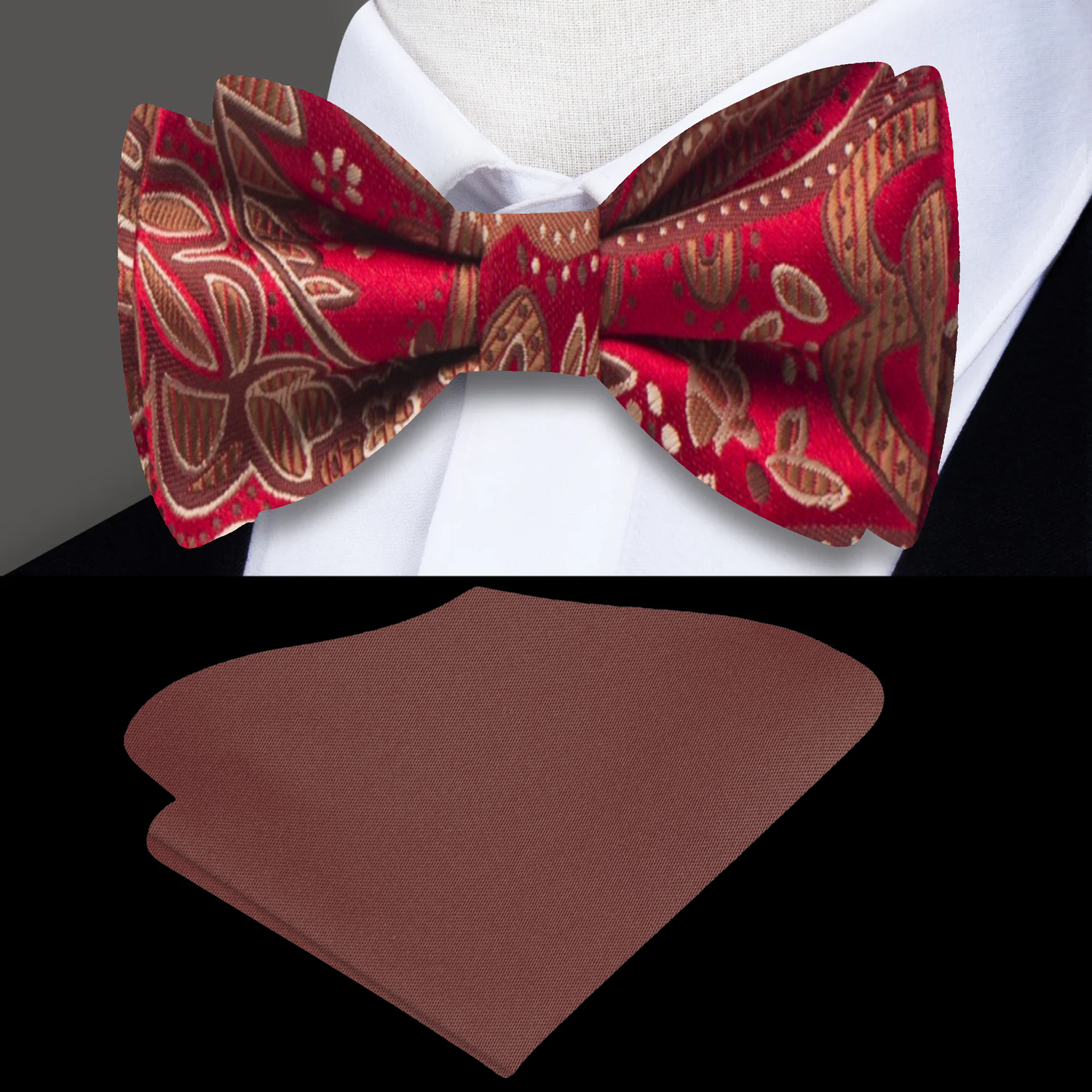 A Deep Red, Brown Paisley Pattern Silk Self Tie Bow Tie, Brown Pocket Square