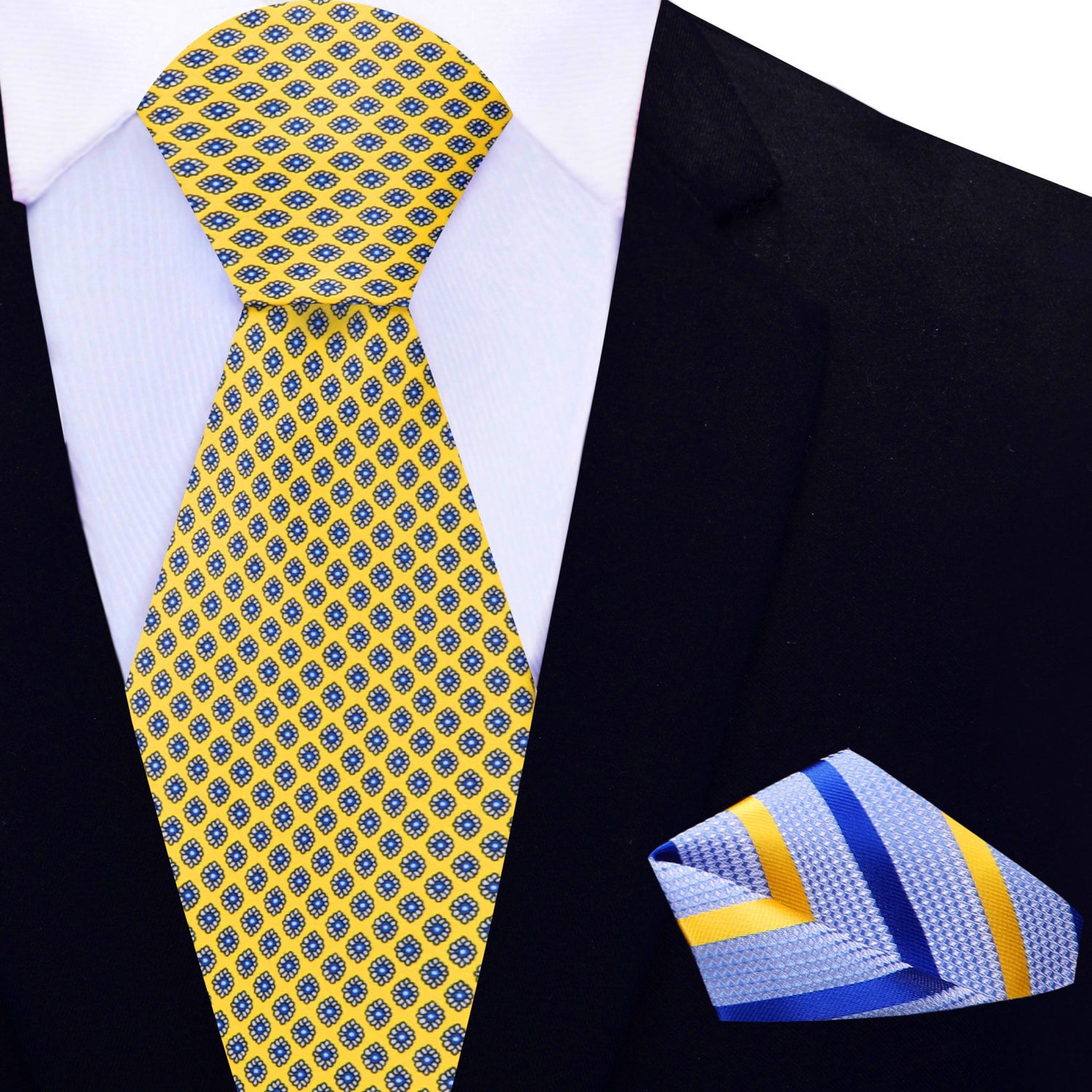 View 2: Rich Yellow, Black, Blue Small Medallions Necktie and Light Blue, Blue, Yellow Stripe Square