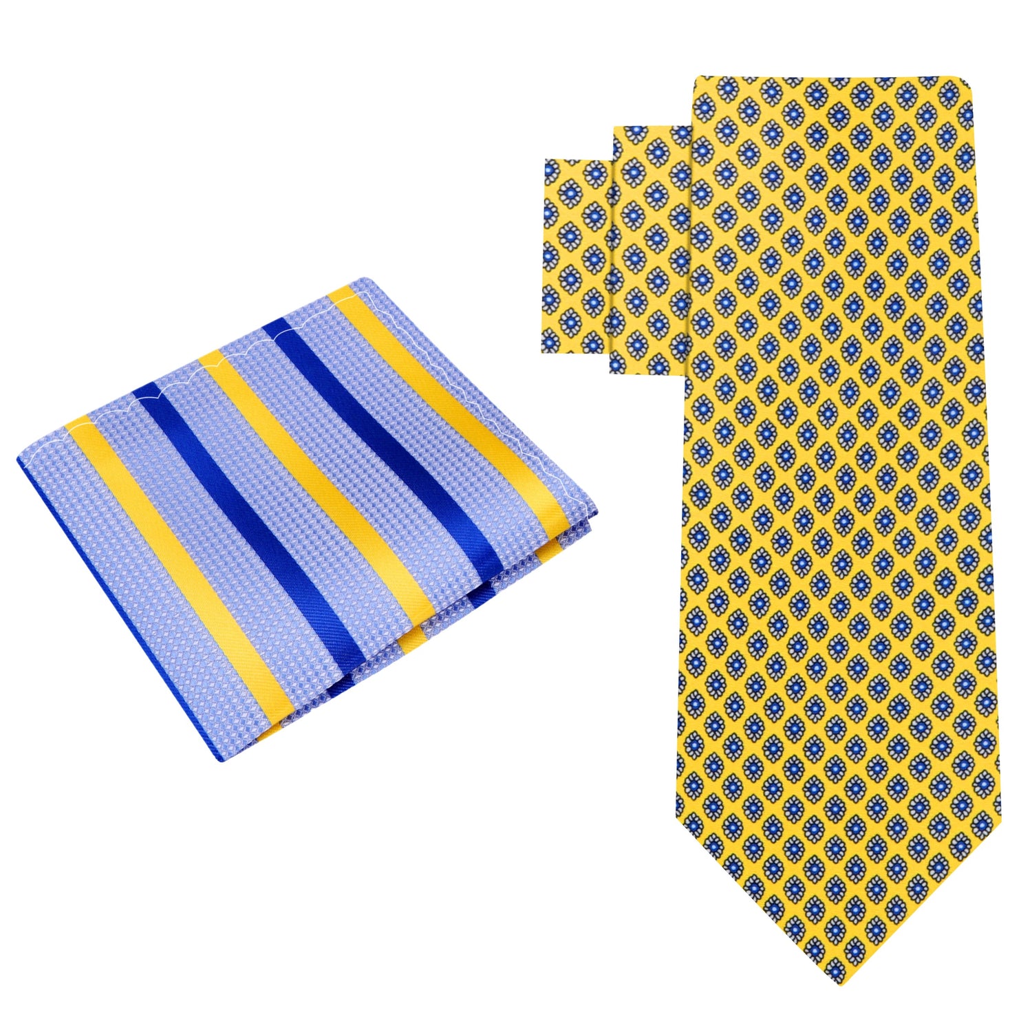 Alt View: Rich Yellow, Black, Blue Small Medallions Necktie and Light Blue, Blue, Yellow Stripe Square