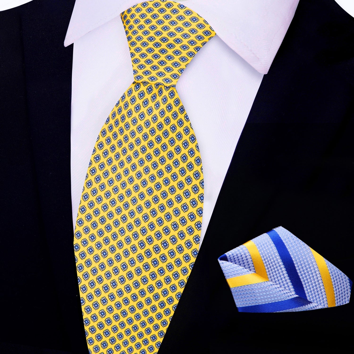 Rich Yellow, Black, Blue Small Medallions Necktie and Light Blue, Blue, Yellow Stripe Square